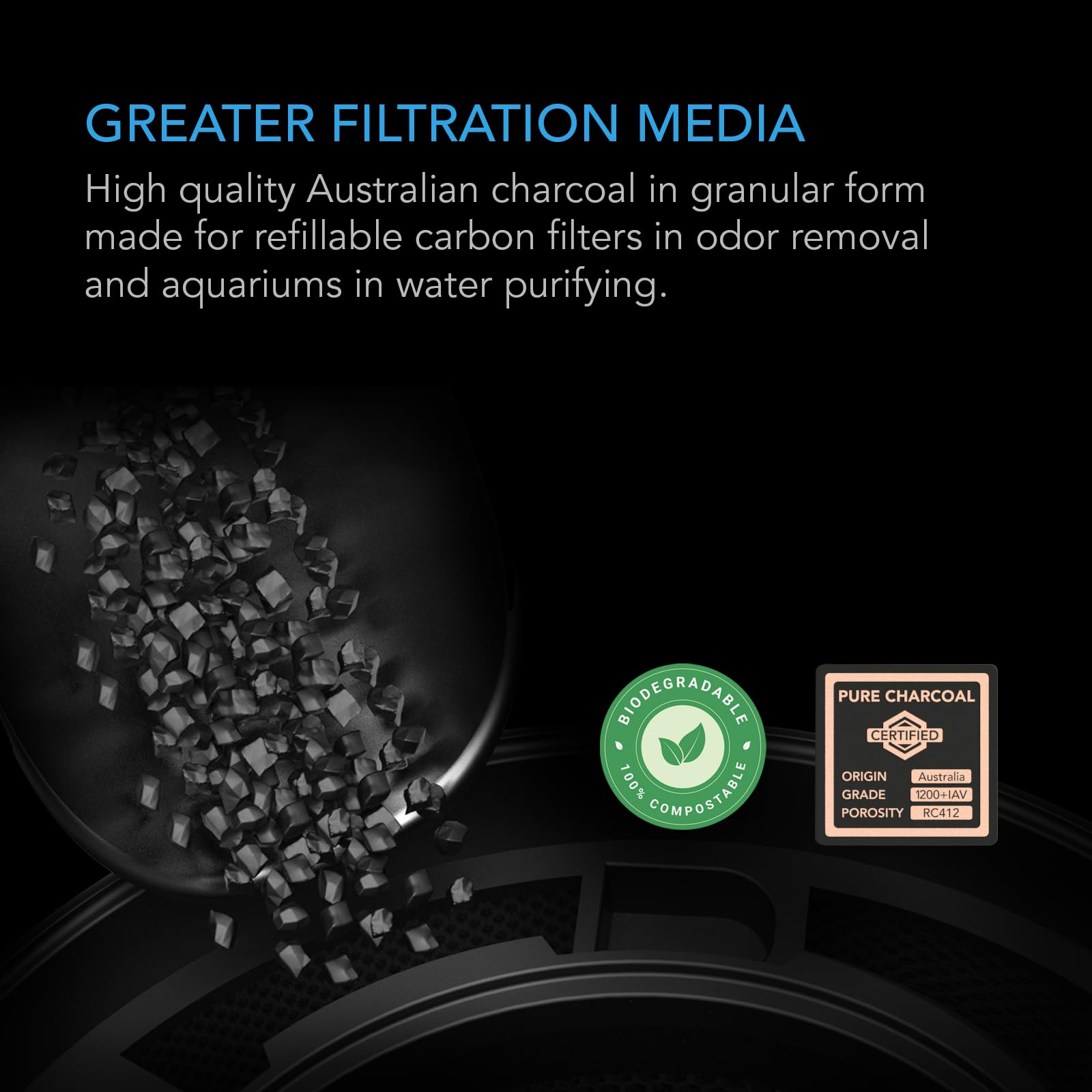 AC Infinity Premium Activated Carbon, 32 lb. Australian Charcoal Supply Replacement for 4   , 6    & 8    Refillable Carbon Filt