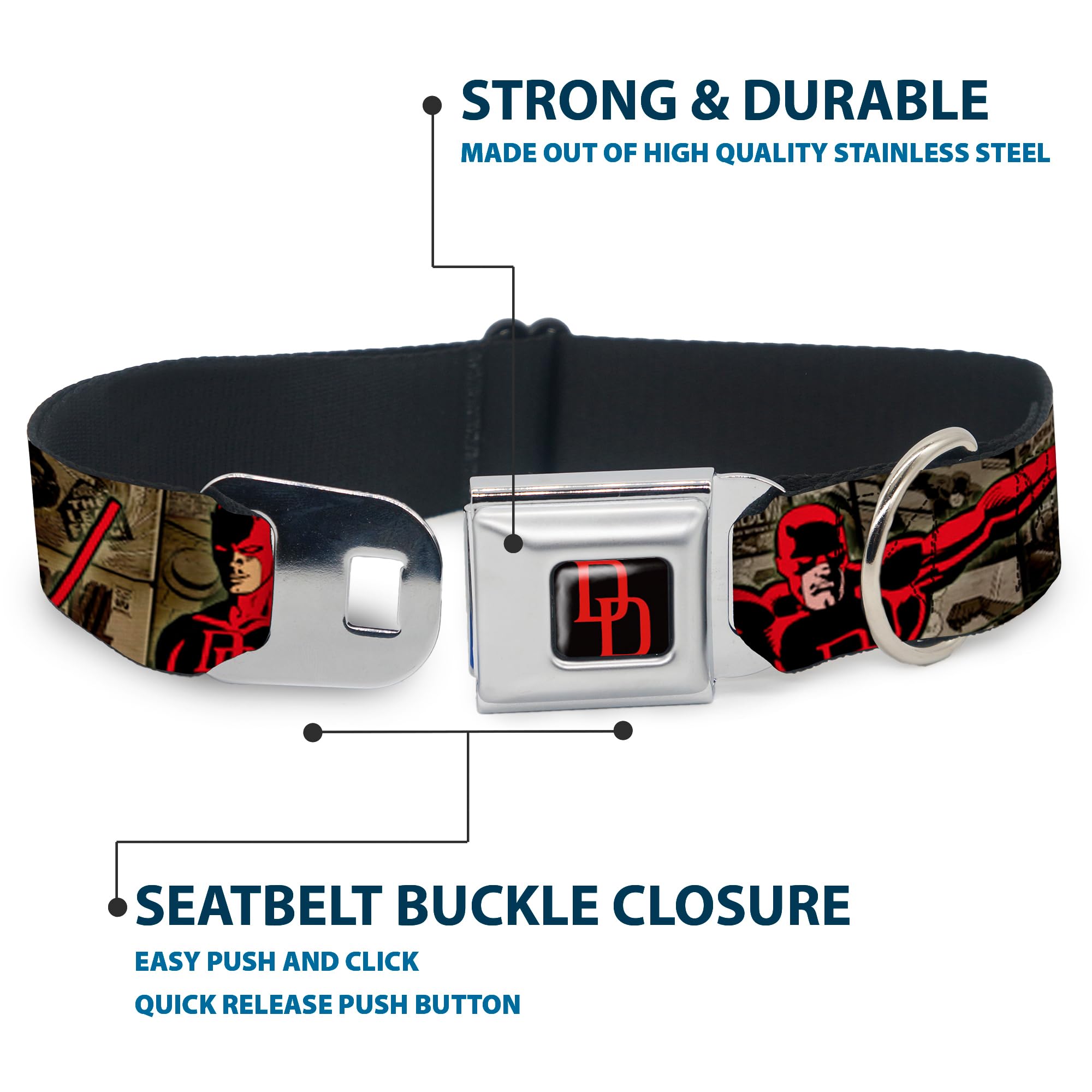 Buckle-Down Seatbelt Buckle Dog Collar - Daredevil Action Poses/Comic Panels Grays/Red - 1'' Wide - Fits 11-17'' Neck - Medium