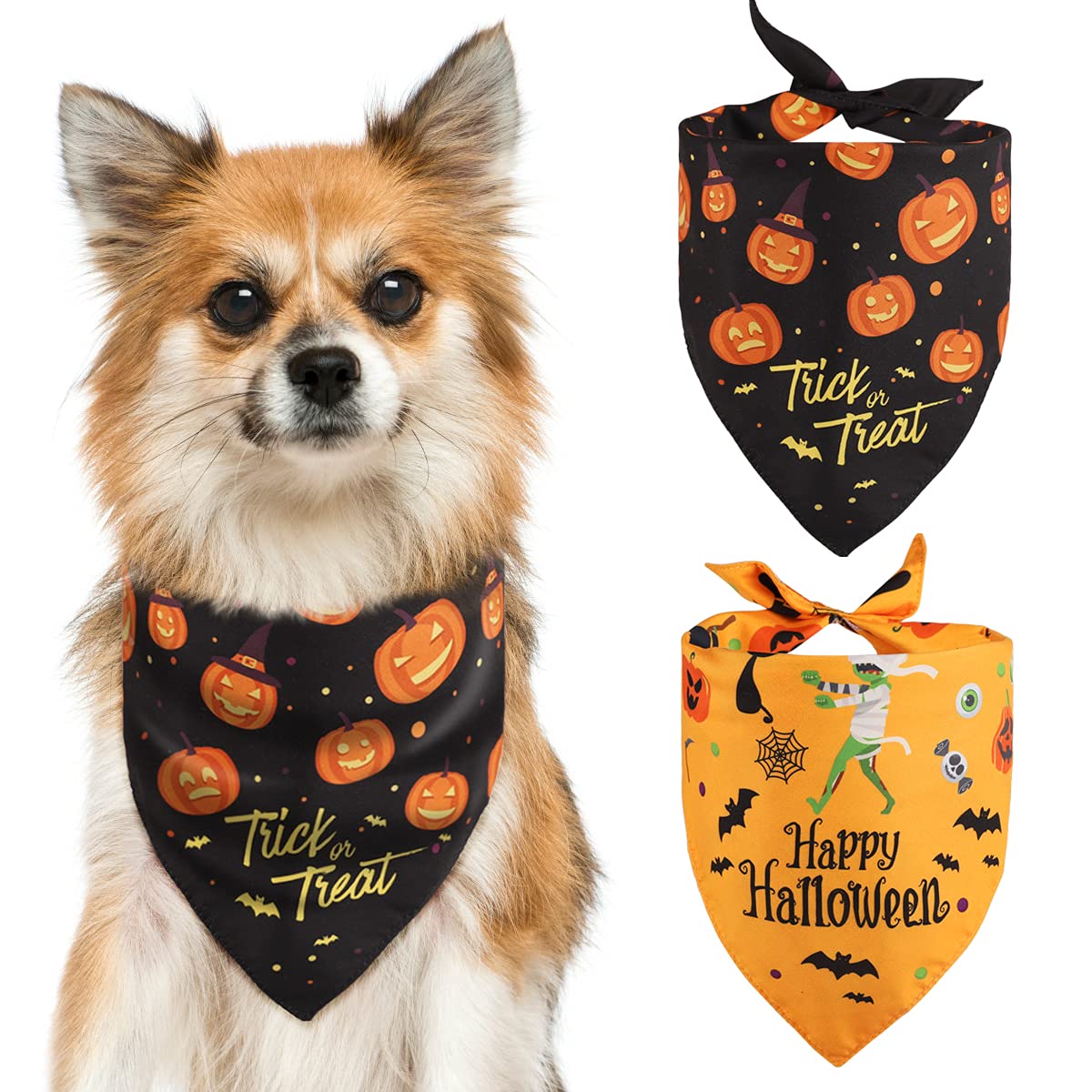 Yicostar Halloween Dog Bandanas, 2 Pack Pumpkin Reversible Dog Bandanas Triangle Bibs Pet Scarf Accessories For Small Medium Large Dogs And Cats