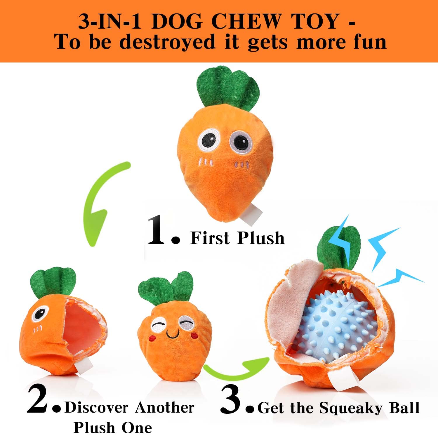 Mewajump Squeaky Easter Dog Toys With Ball, 3-In-1 Plush Cute Dog Toy, Dog Chew Toy With 3 Layers, Dogs Puzzle Pet Toy For Teeth