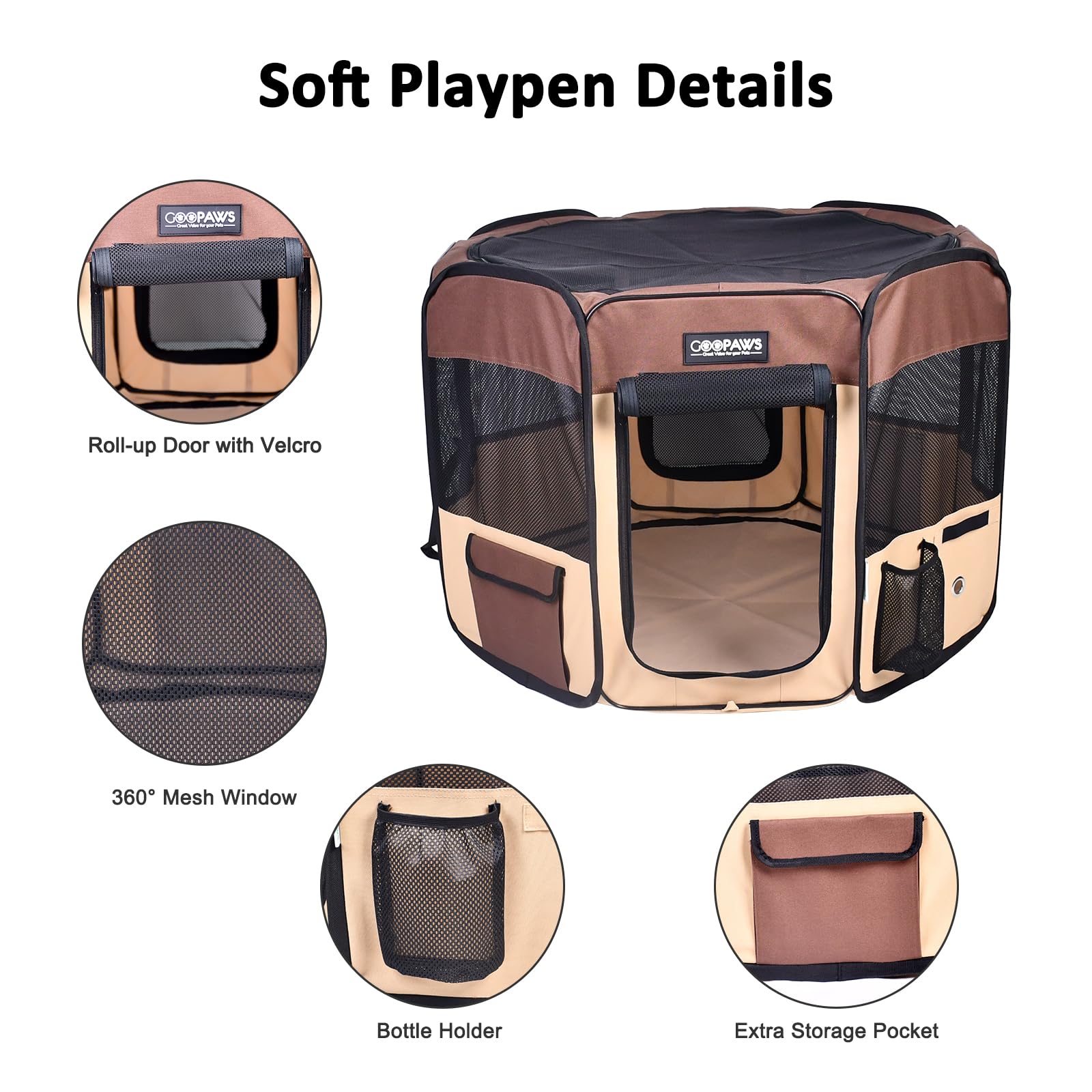 Jespet 61'' Pet Dog Playpens, Portable Soft Dog Exercise Pen Kennel With Carry Bag For Puppy Cats Kittens Rabbits, Brown