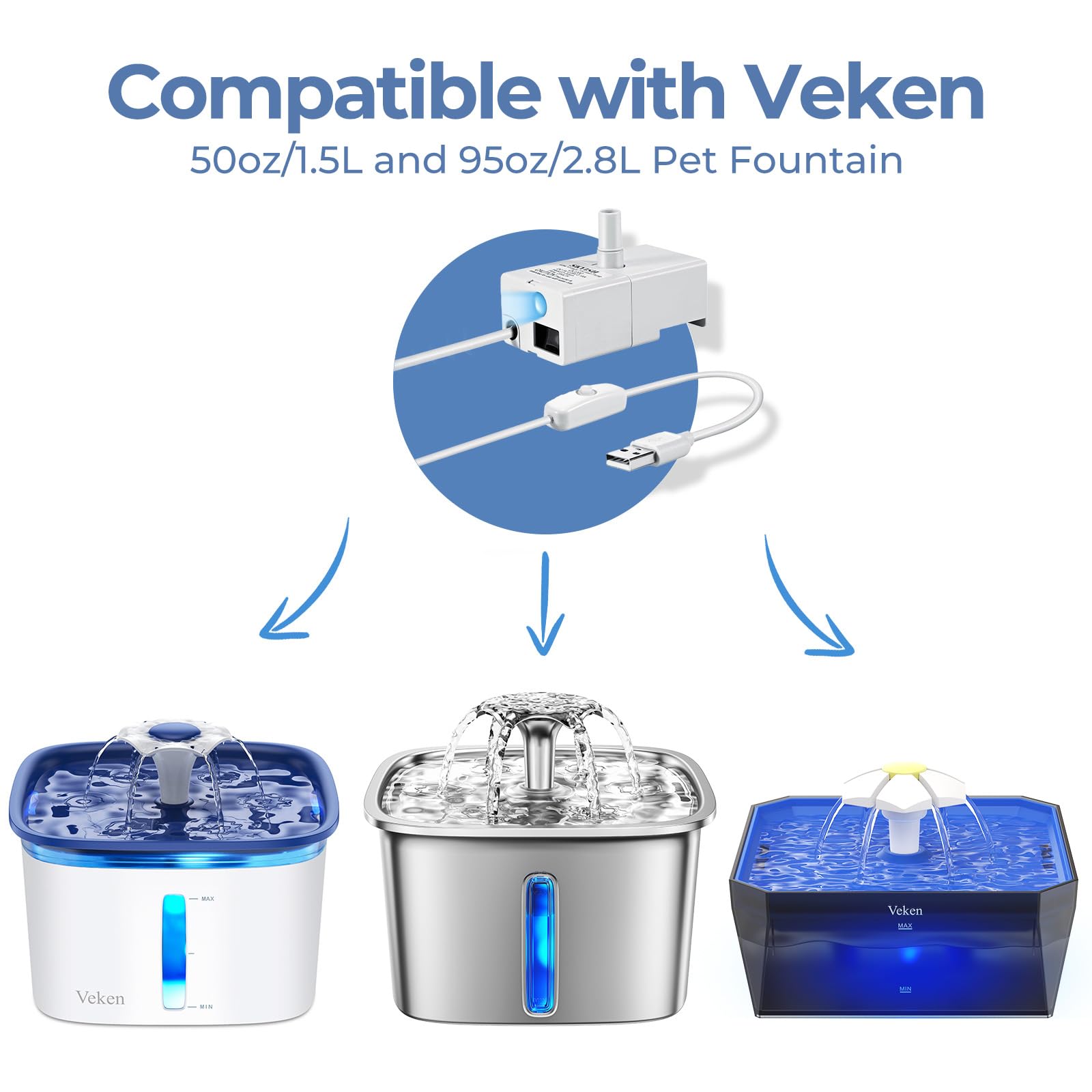 Veken Replacement Pump For 67Oz, 95Oz And 135Oz Pet Fountain Cat Water Fountain Dog Water Fountain Ultra Quiet Long Lifespan Water Pump, Usb Cable, Led Lights