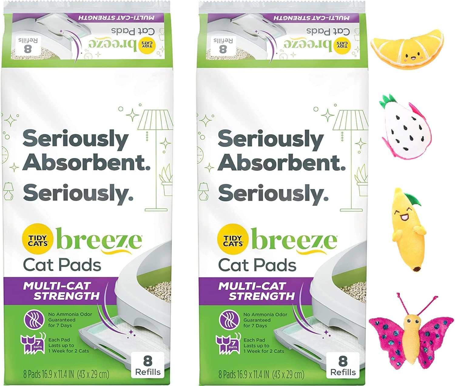 Tidy Cat Breeze Multi-Cat Strength Cat Pads Refill Pack (2) 8 Count Pouches With Aurora Pet Catnip Toy (Assorted)