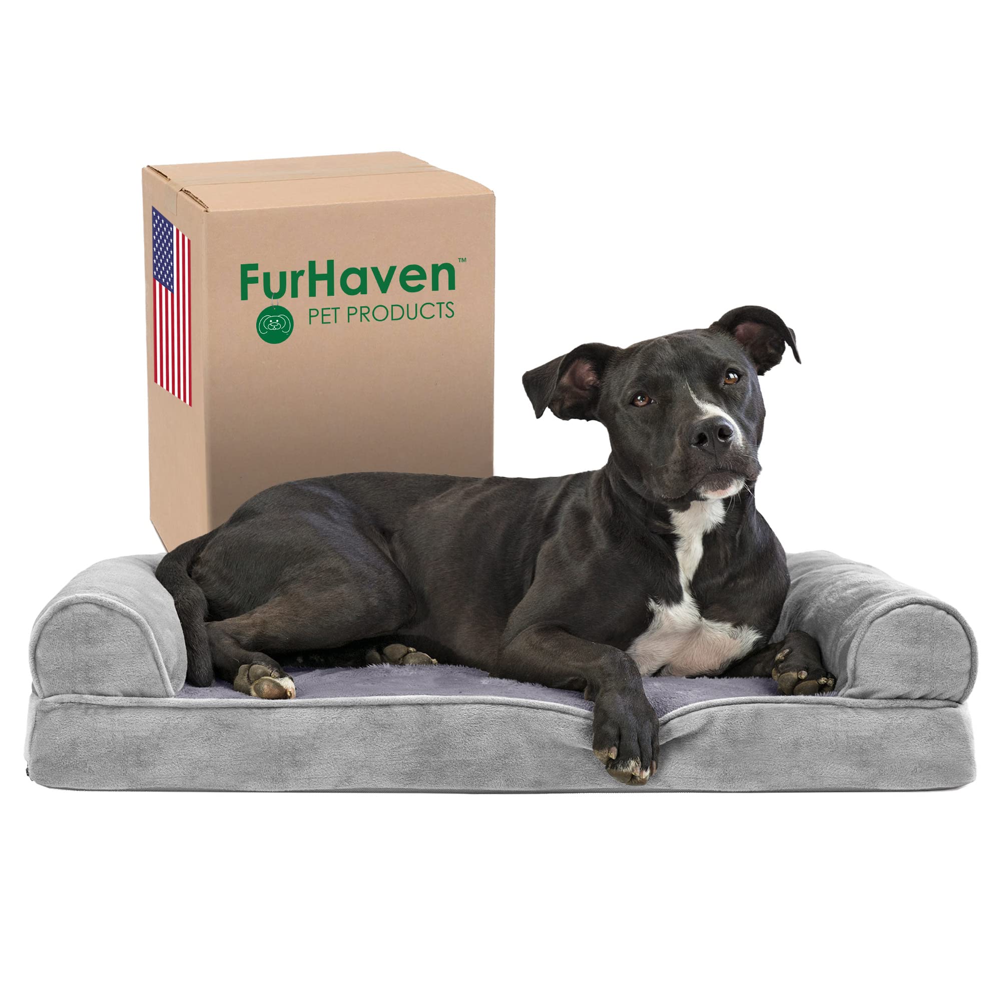 Furhaven Memory Foam Dog Bed for Medium/Small Dogs w/ Removable Bolsters & Washable Cover, For Dogs Up to 35 lbs - Faux Fur & Ve