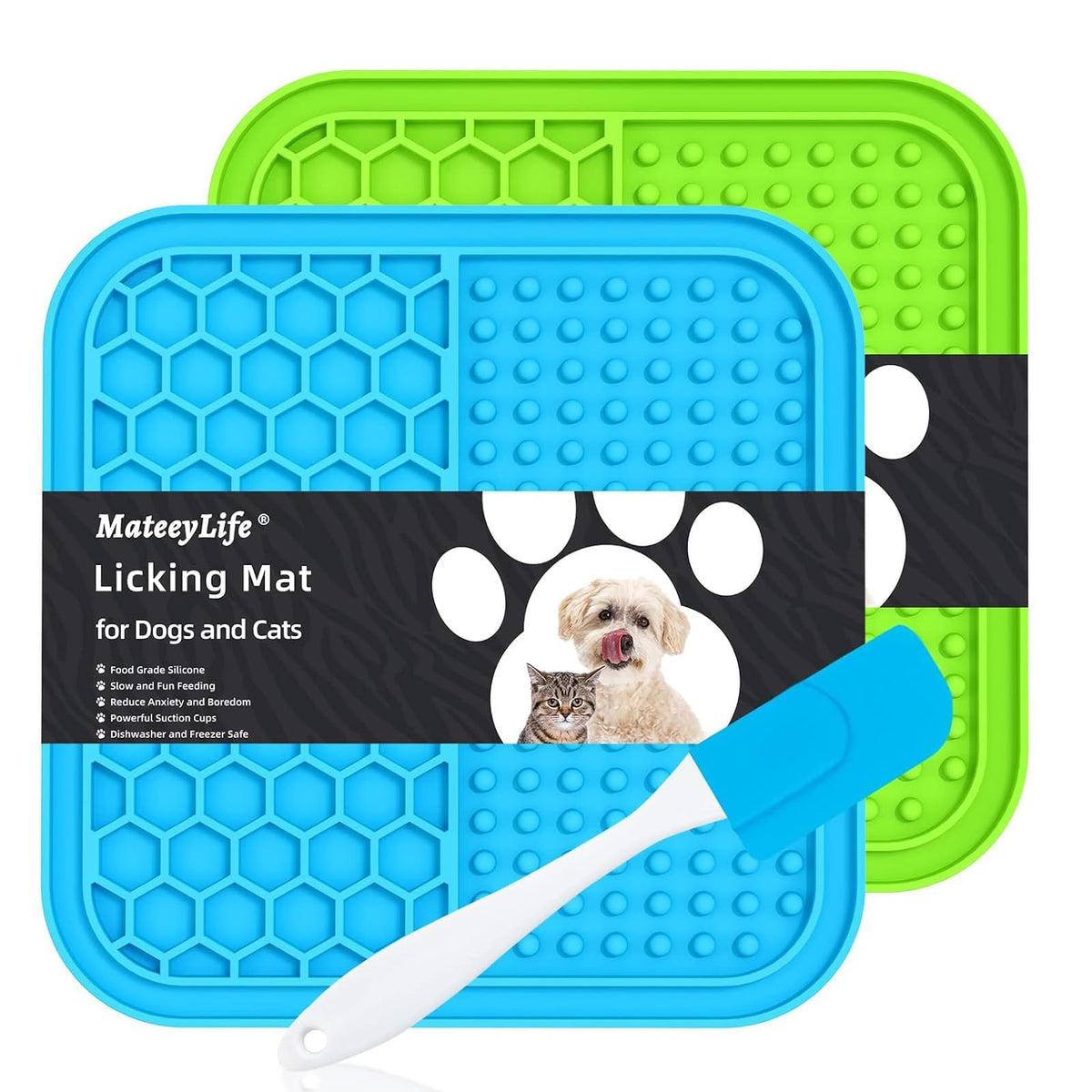 Mateeylife 2Pcs Small Lick Mat For Dogs And Cats, Licking Mats For Dog Anxiety Relief, Cat Peanut Butter Lick Pad For Boredom Reducer, Dog Treat Mat Perfect For Bathing Grooming Blue&Green