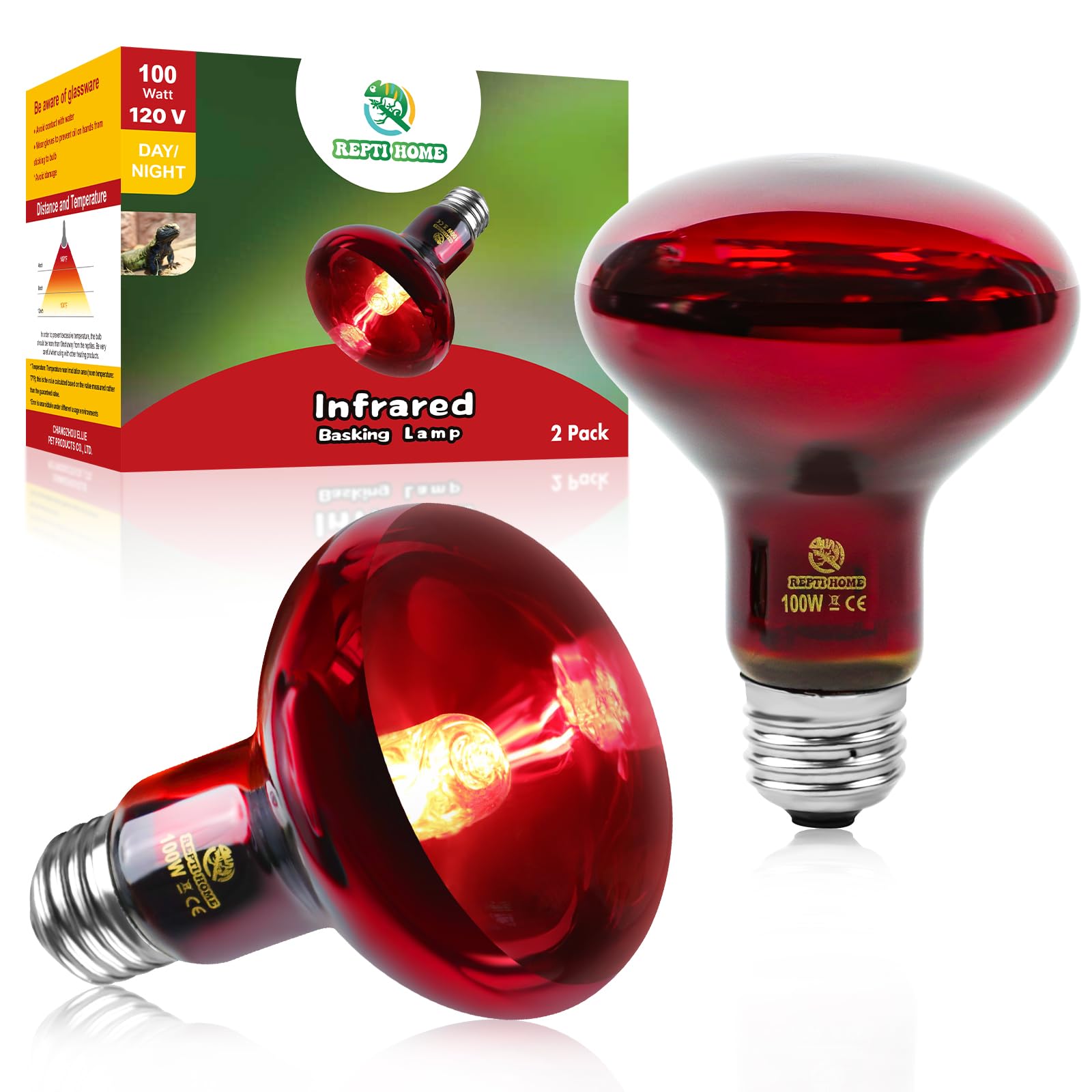 REPTI HOME Reptile Heat Lamp Bulbs,Infrared 100W Reptiles & Amphibians Basking Spot Lamp Bulb, 2 Packs Red Heat Emitter Light fo