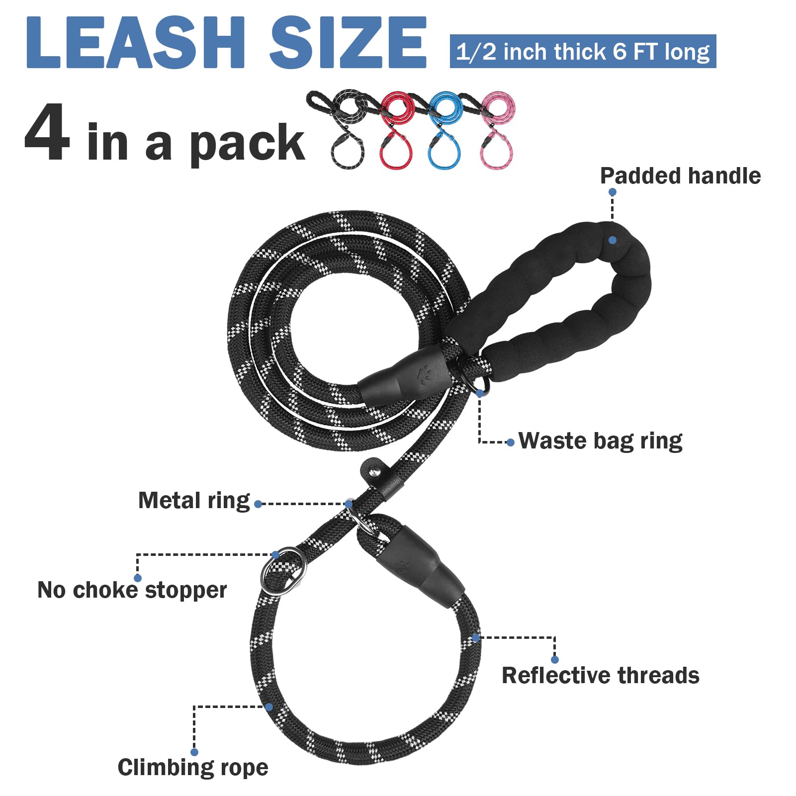 Homimp Slip Lead Dog Leash 6 Ft - Reflective 4 Pcs Bulk Color Heavy Duty Rope Dog Leash For Small Medium Large Dogs Puppy - Soft