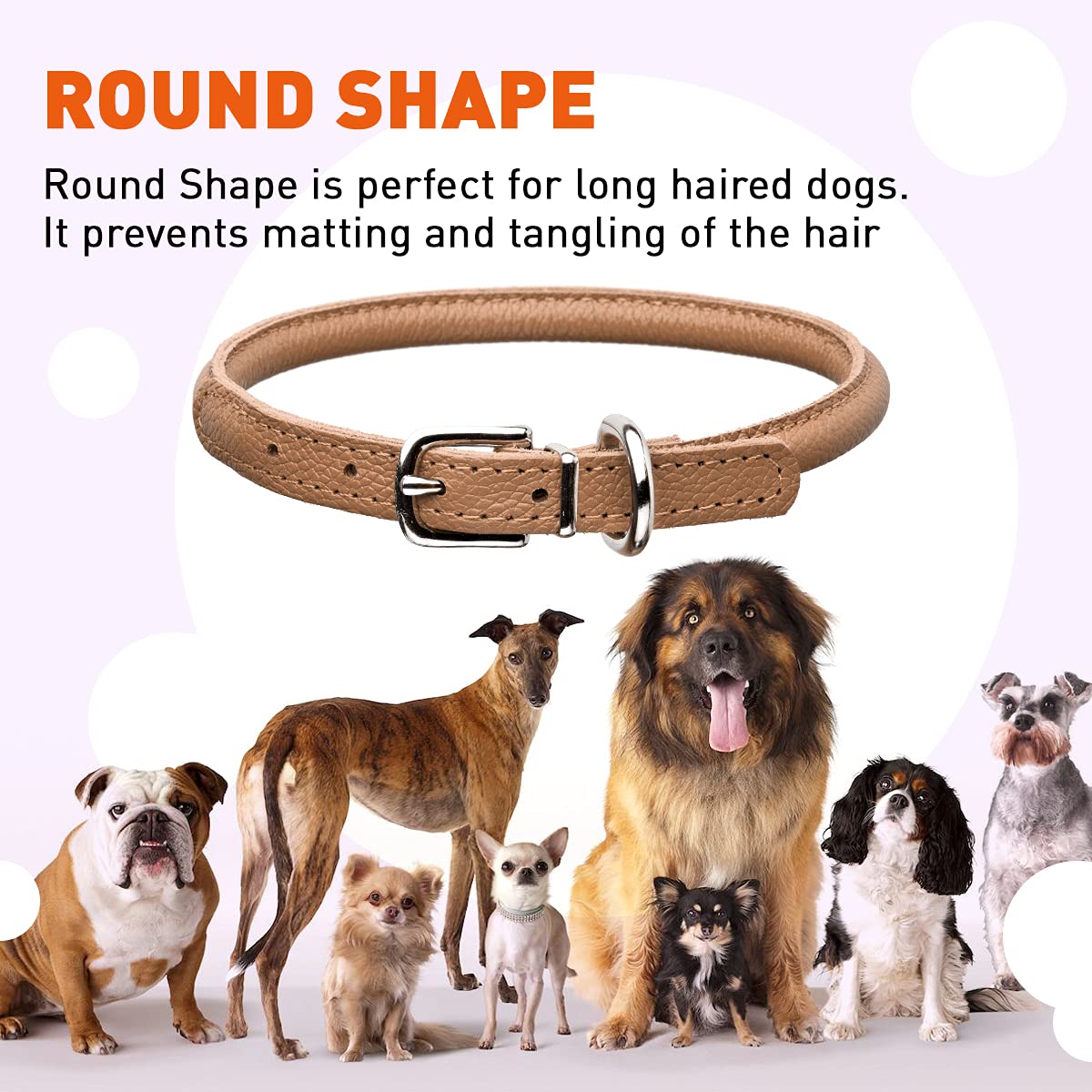 Dogline Soft And Padded Rolled Round Leather Collar For Dogs W1/2'' - L22''-25'', Brown