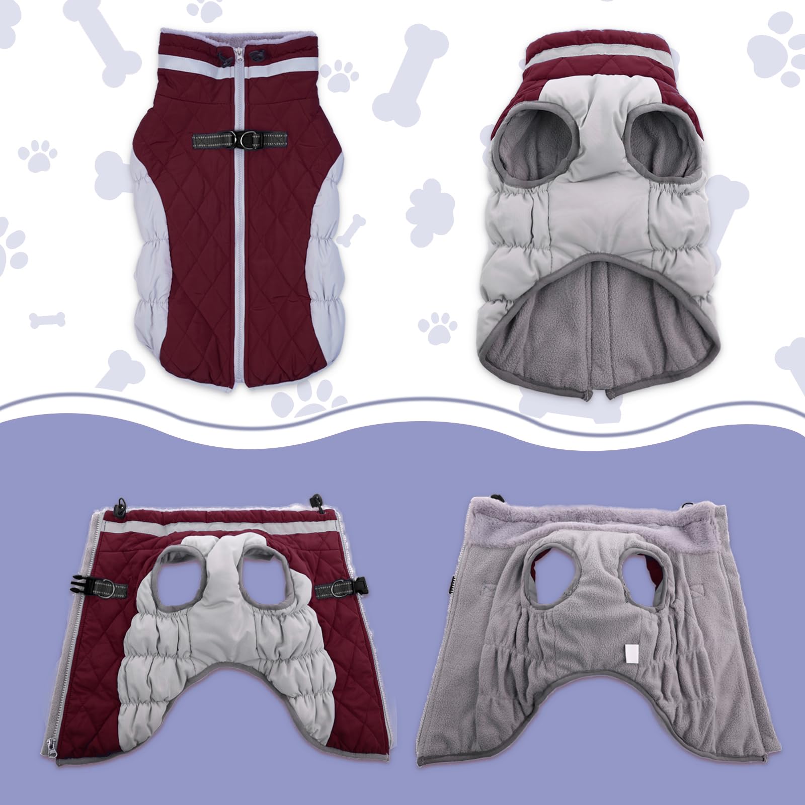 Lelepet Warm Winter Dog Coat - Xs, Waterproof, Padded, Windproof, Reflective, Fleece Jacket With Harness For Small Dogs, Wine Re