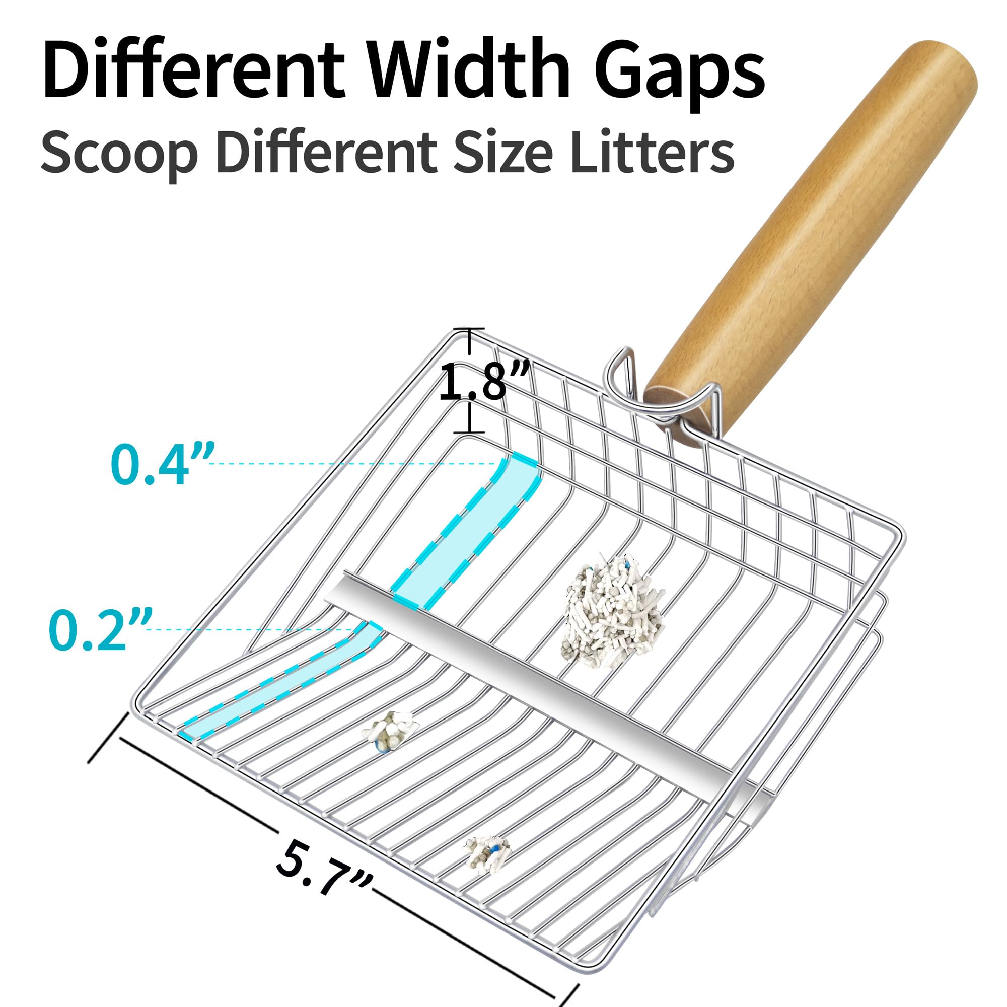 Ufecodo Fast Sifting Cat Litter Scoop With Holder Stand, 2 Widths Of Slots Stainless Steel Poop Scooper With Ergonomic Wood Hand