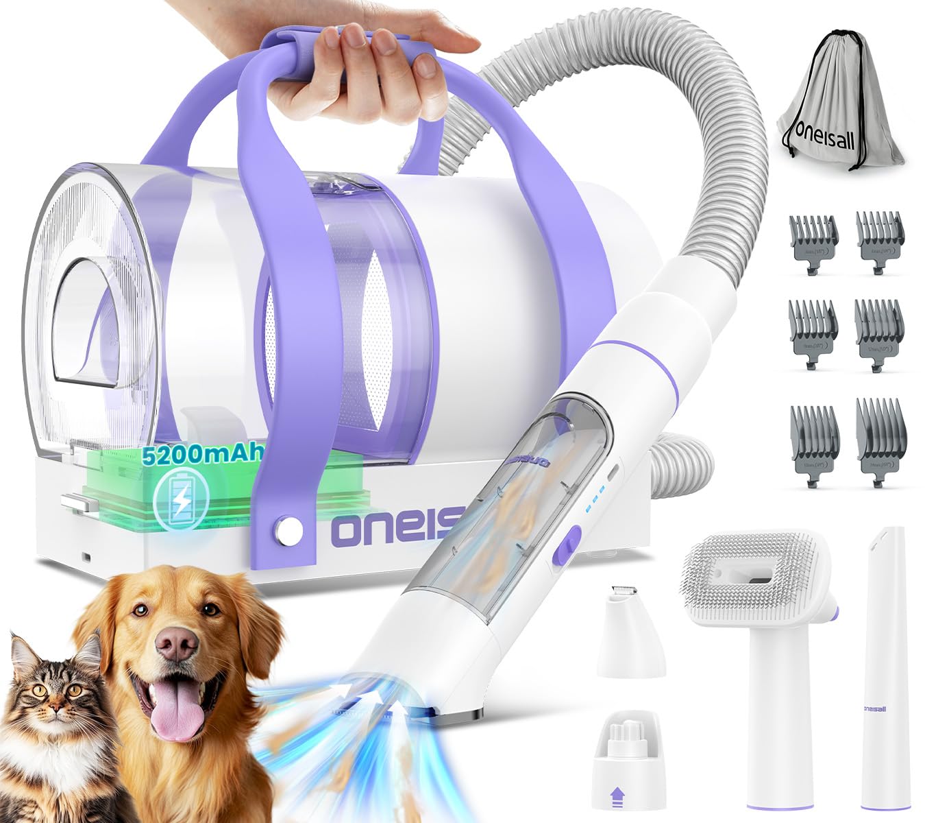 Oneisall Cordless Dog Grooming Vacuum,5200 Mah Dog Grooming Kit With Clippers,Nail Grinder,Trimmer,2L Dustbin For Shedding With 