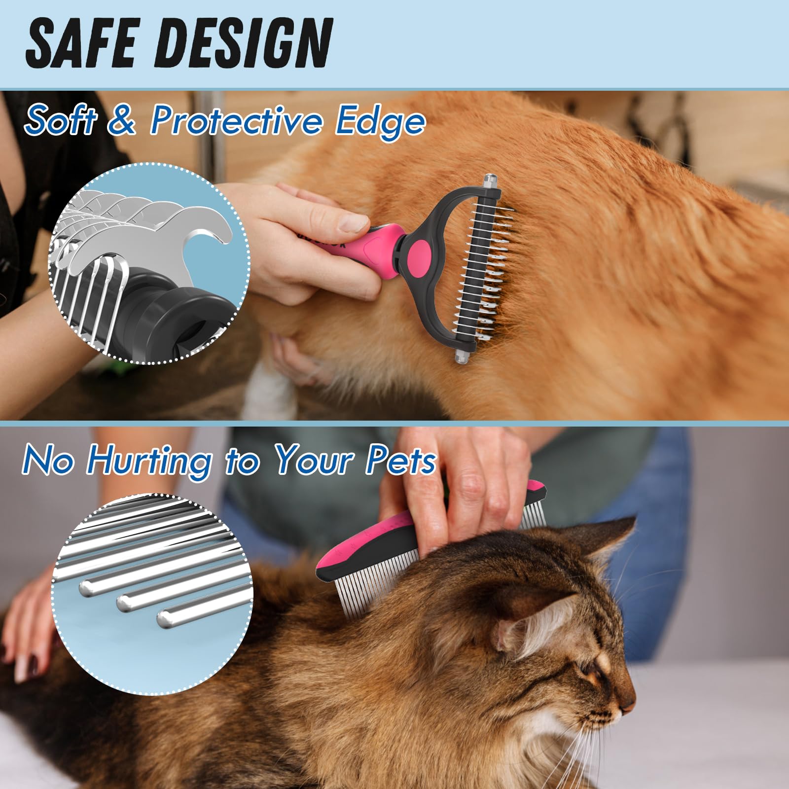 Docrok Pet Grooming Brush & Metal Comb Combo for Dogs & Cats, Pink Dematting Tool for Shedding & Undercoat Rake, Long Haired Pets