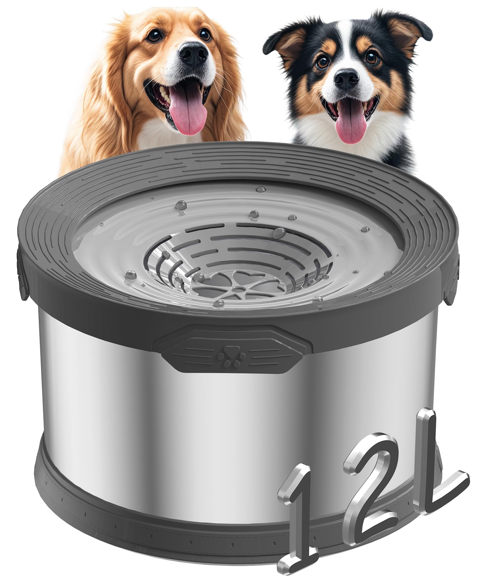 12L Dog Water Bowl No Spill 3.1 Gallon Super Large Capacity Stainless Steel No Splash Dog Bowls Slow Drinking Feeder with Non-Sl