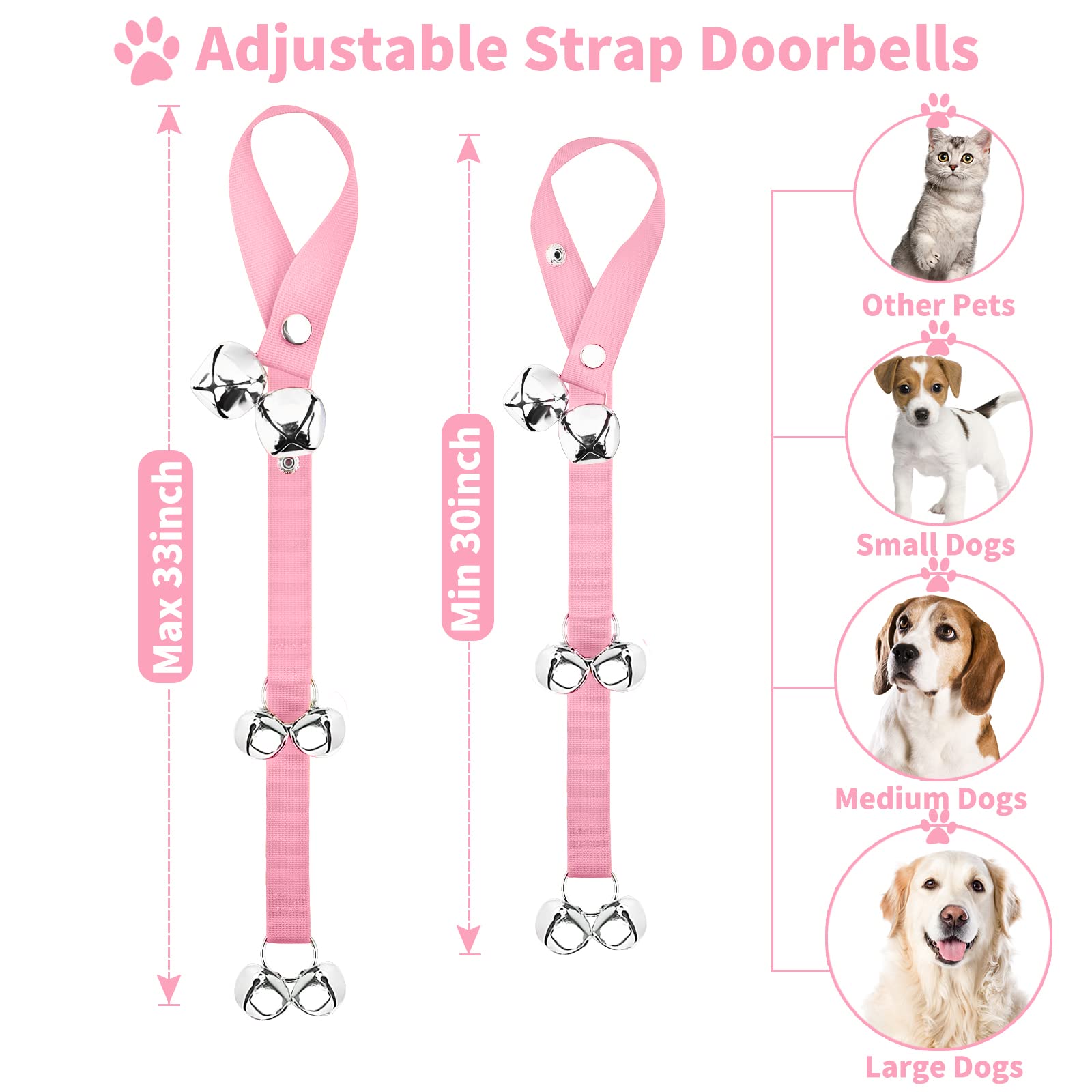 Jimejv 2 Pack Dog Doorbells, Pet Training Bells For Go Outside Potty Training And Communication Device Large Loud Dog Bell Cat Puppy Interactive Toys Adjustable Strap Door Bell (Pink)