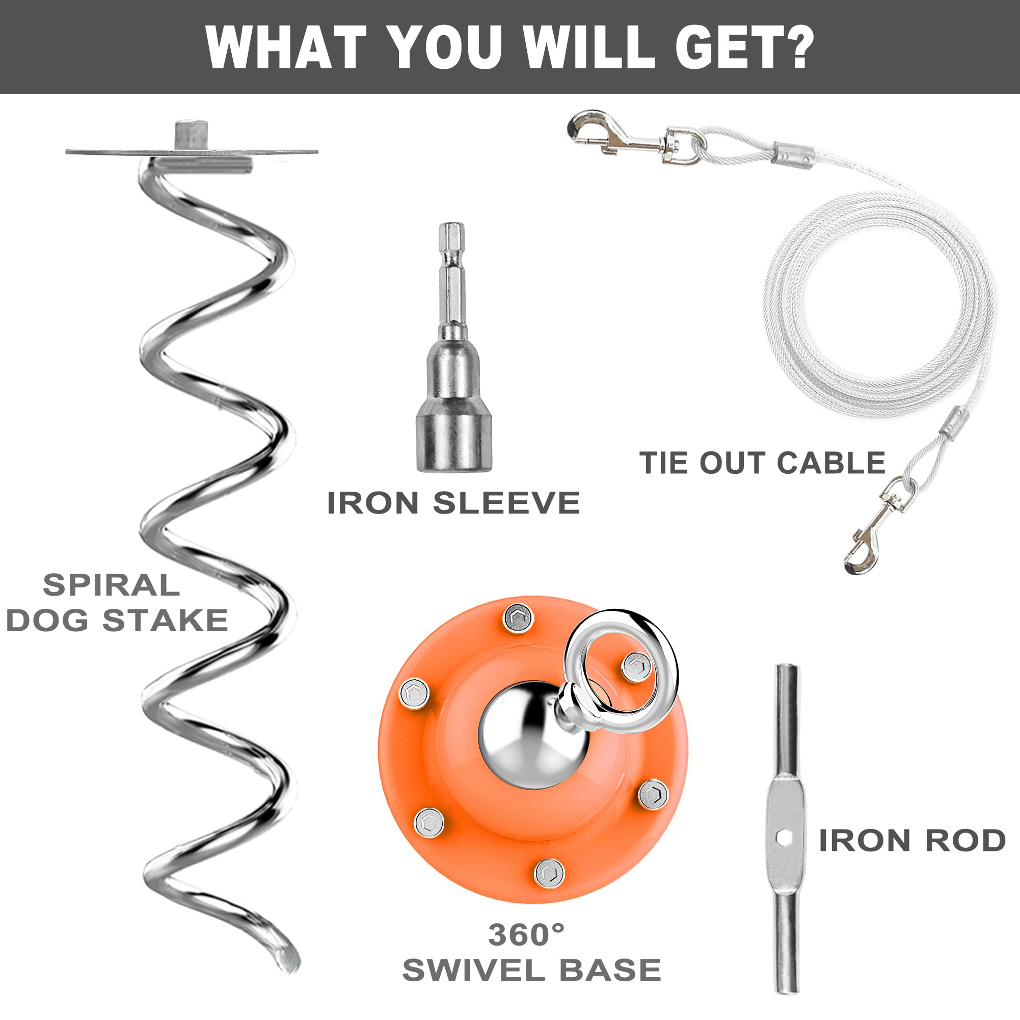 Eurmax Usa 360° Swivel Pet Dog Tie Out Stake Bonus 17Ft Dog Tie Out Cable Dog Anchor Heavy Duty Dog Yard Stake Rust Proof Anchor Dog Tether (Orange)