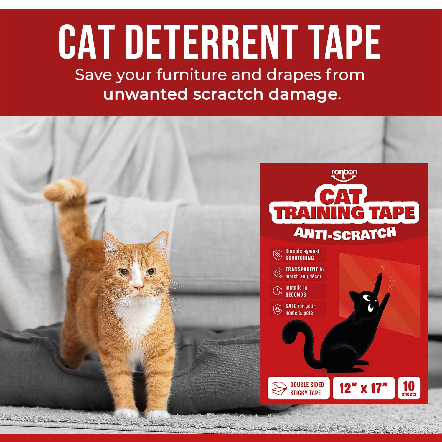 Ronton Anti Cat Scratch Deterrent Sheets - Anti Cat Scratch For Furniture | 100% Transparent - Double Sided Cat Training Tape |