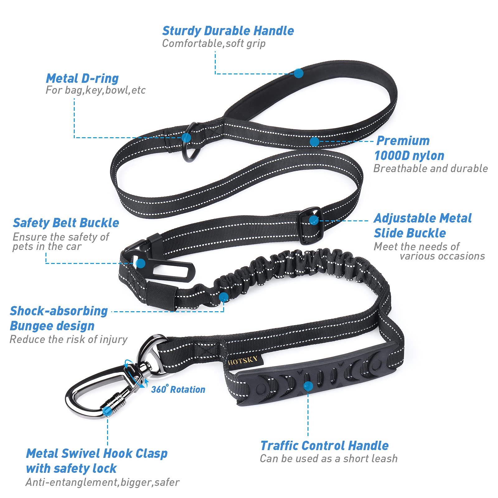 Hotsky Dog Leash For Large Dogs, Heavy Duty Tactical Dog Leash Rope With Control Handle Car Seatbelt Highly Reflective Threads, 4Ft 6Ft Retractable Bungee Dog Leash Tether With For Training, Black