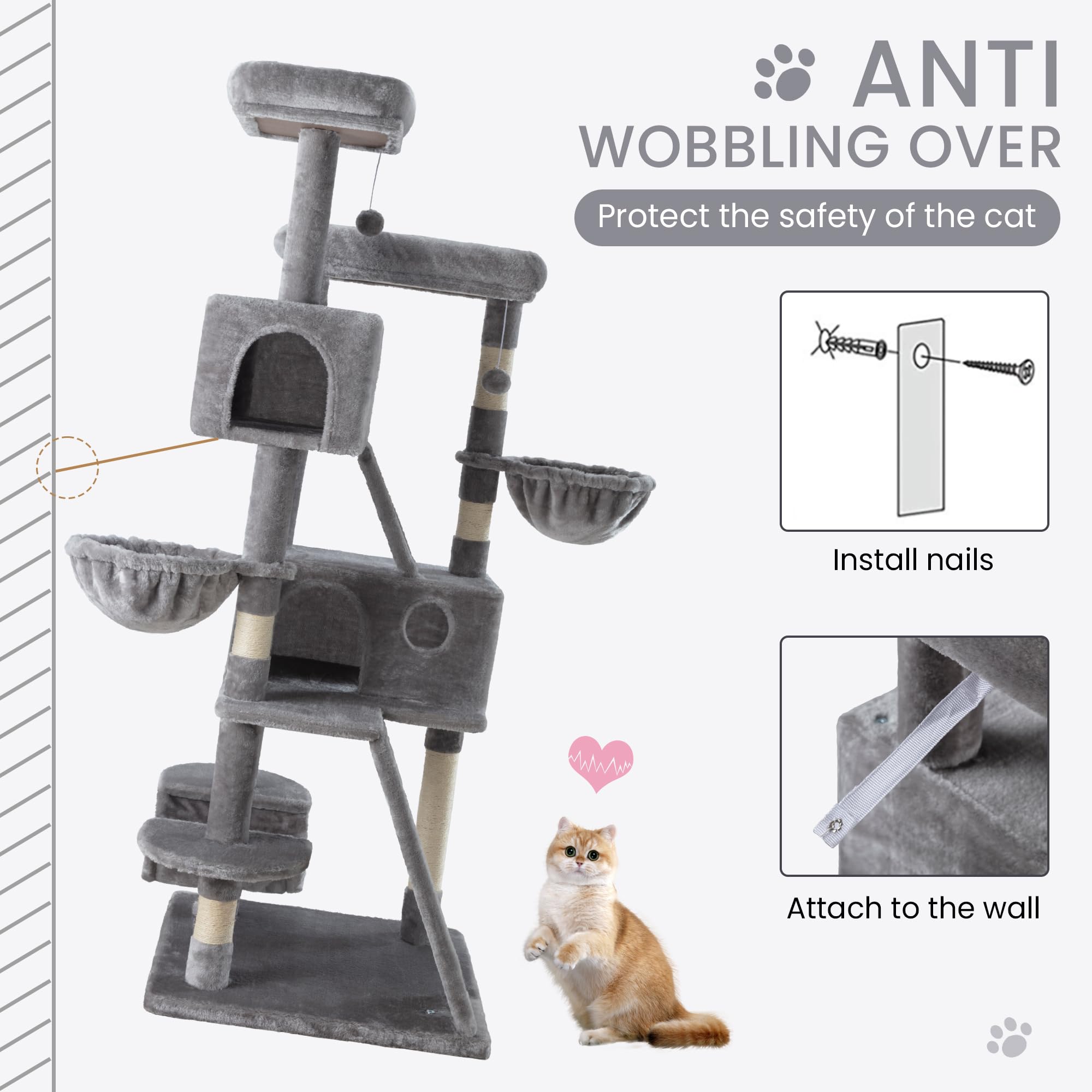 Sha Cerlin 65In Larger Cat Tree Tower Condo For Indoor Kitties/Multi-Level Furniture Activity Center With Wide Base/Cozy Plush Cat Perches/Baskets/Sisal Scratching Posts And Hammock/Grey