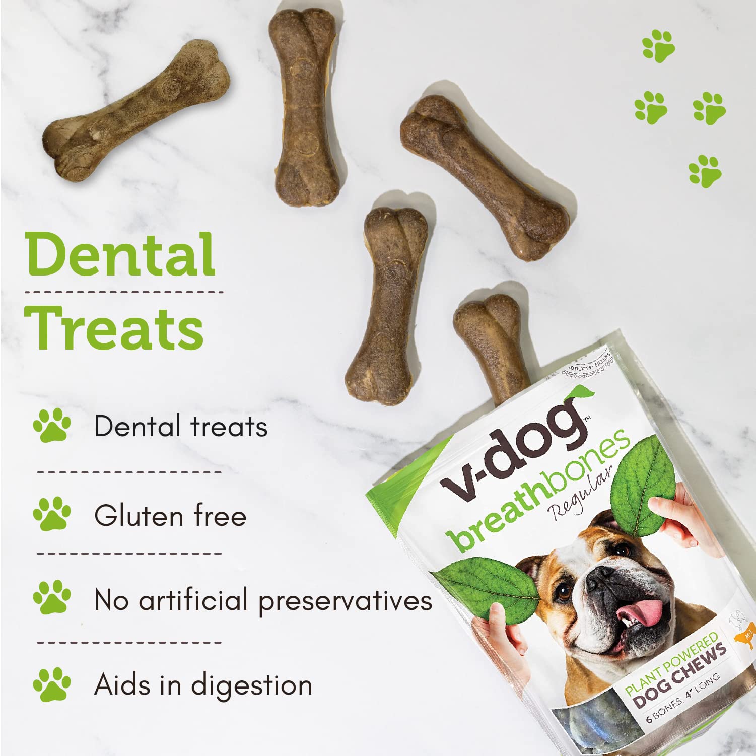 V-dog Dog Treats - Vegan Breathbone Teeth Cleaning Dental Dog Bones - Fresh Breath - 8 Ounces - All Natural - Made in USA - 6 Bo
