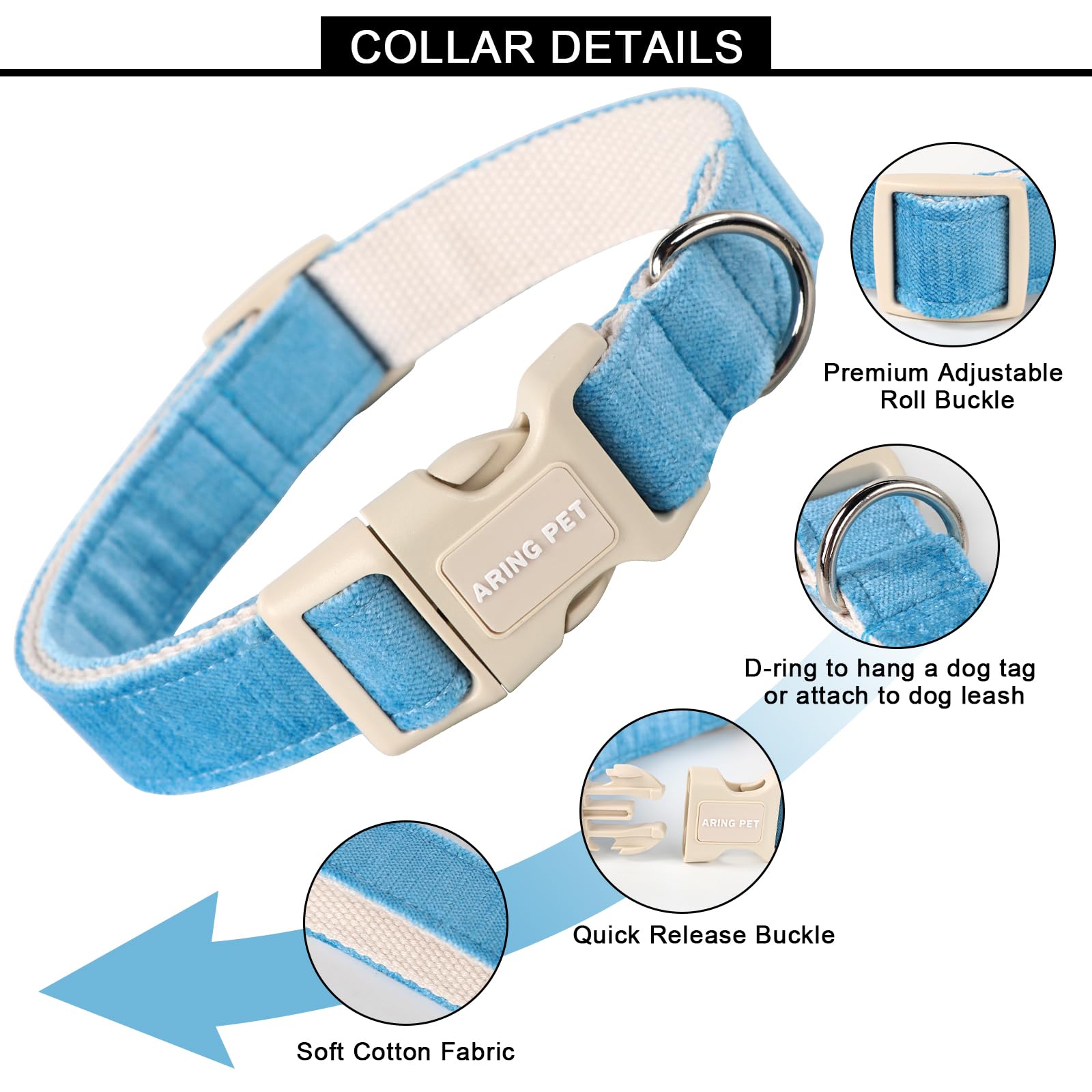 Aring Pet Dog Collar-Adjustable Cotton Small Dog Collars, Lightweight Comfortable Blue Pet Collars With Quick Release Buckle For Small Medium Large Dog