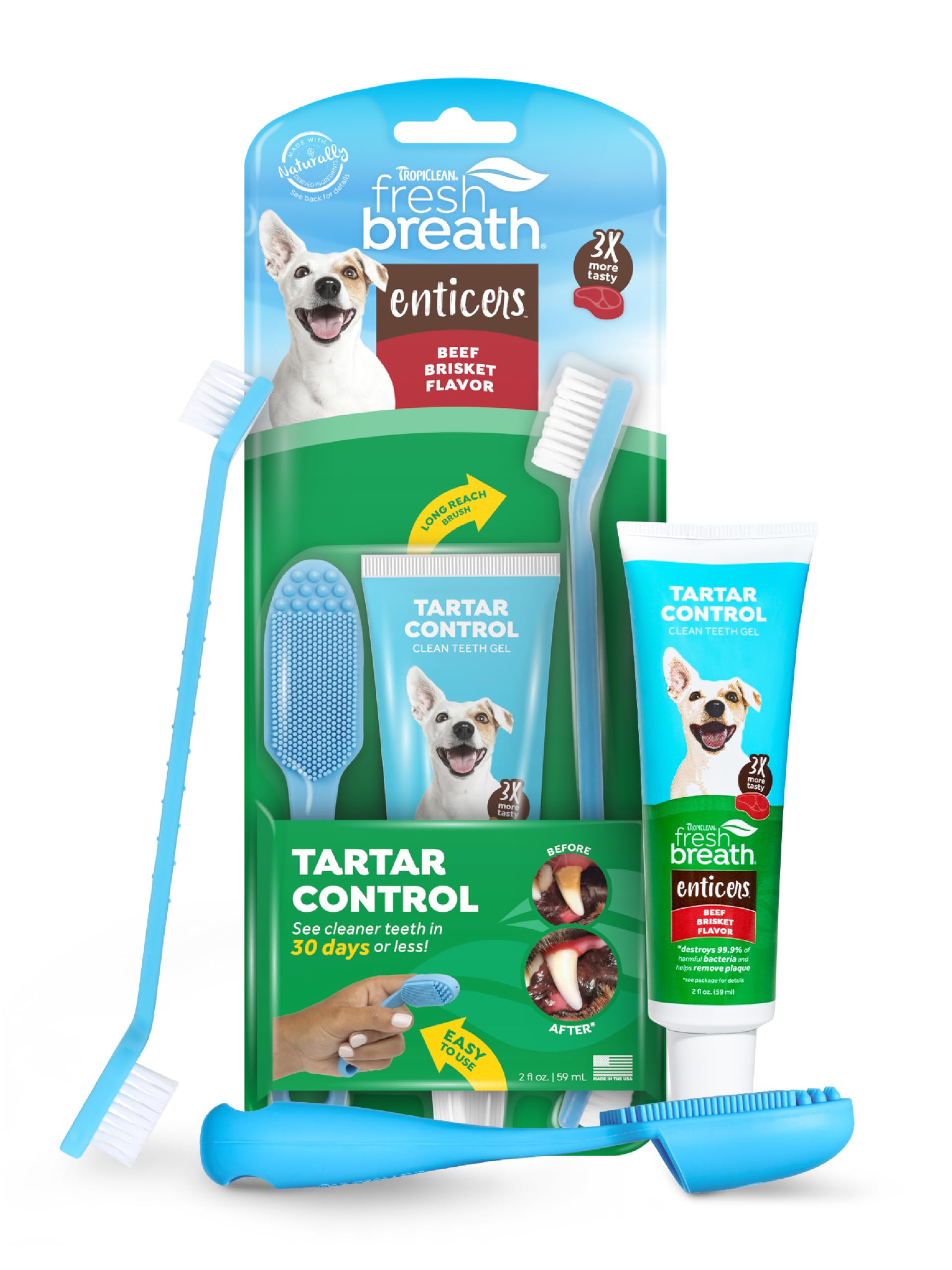 TropiClean Fresh Breath Oral Care Kit - Soft Bristle Finger Toothbrush - Dog Tooth Brushing Kit - Beef Brisket Flavor Dog Toothp