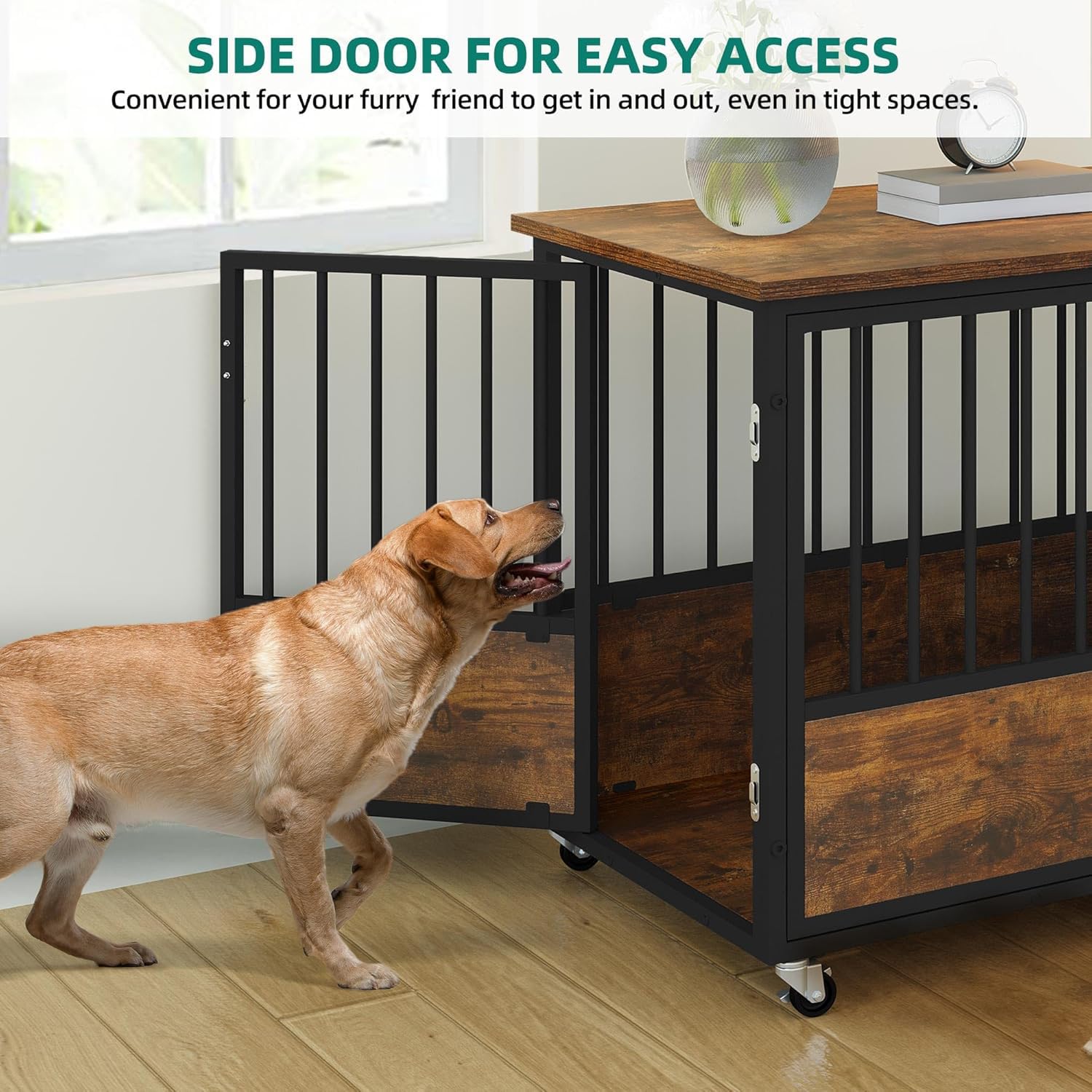 YITAHOME Rustic Heavy Duty Dog Crate Furniture with Wheels, Double-Doors Metal Dog Kennel Indoor for Small Medium Dogs, Decorati