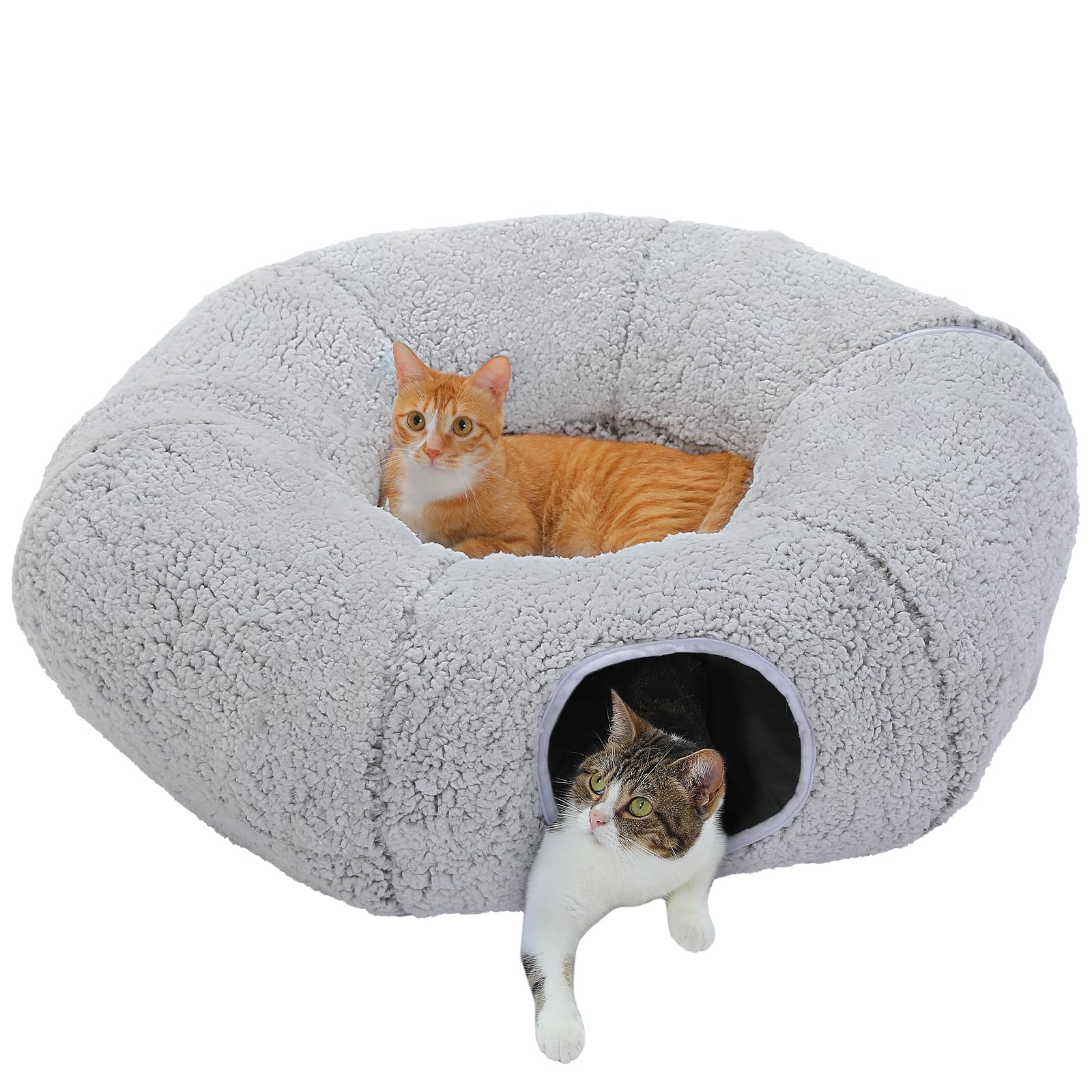 Pequlti Cat Tunnel With Bed For Indoor Cats, Cat Play Donut Tunnel With Washable Soft Plush Mat, Round Cat Tunnel Toys Cute Cat 