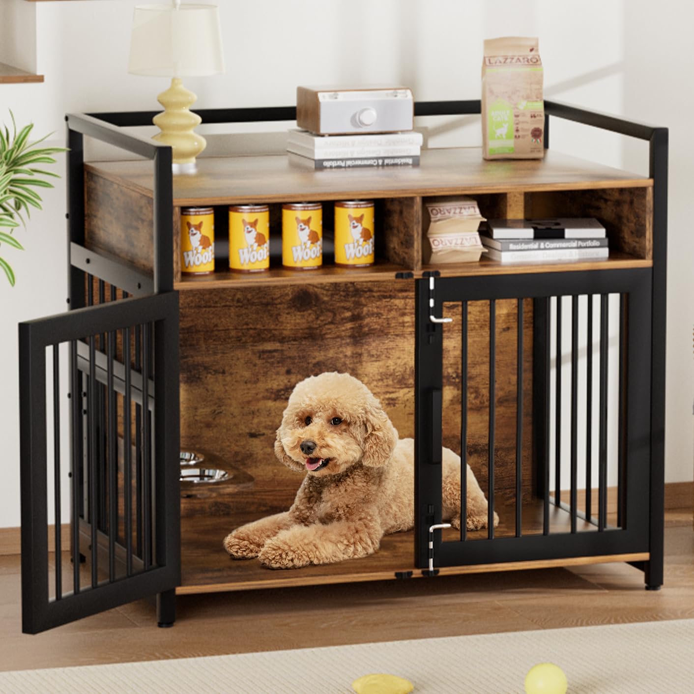 GarveeHome Dog Crate Furniture, Large Dog Cage with 2 Open Storage Shelves, 41 Inch Dog Kennel with Adjustable Raised Feeders, I
