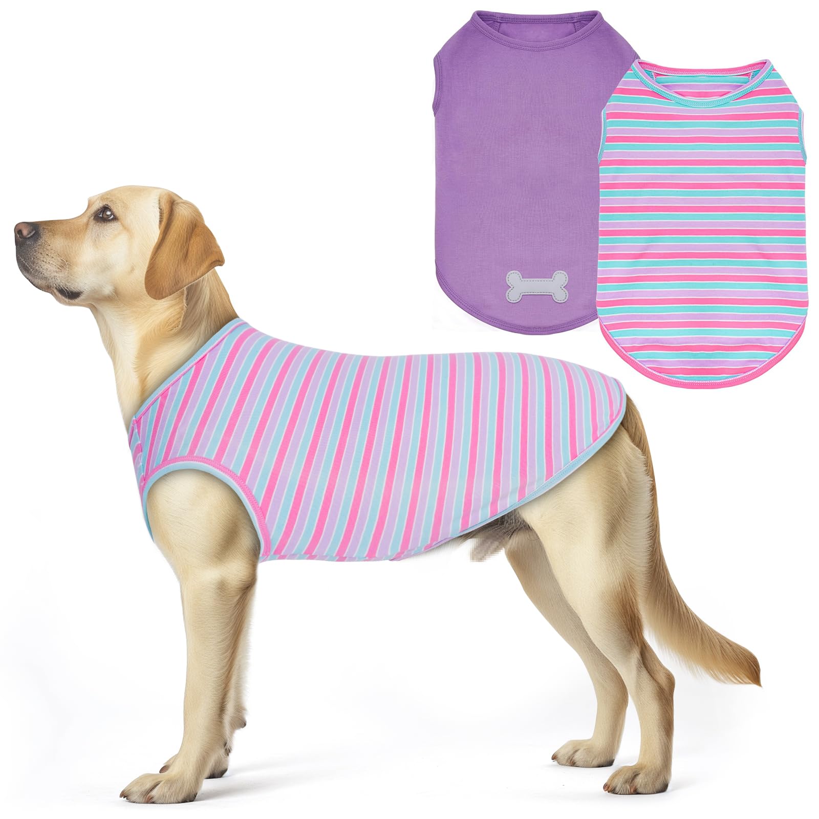 Kyeese 2Pack Dog Shirts Striped T Shirt For Large Dogs Lightweight Clothes Sleeveless Vest Cotton Tank Top, Xxx-Large,Purple+Str