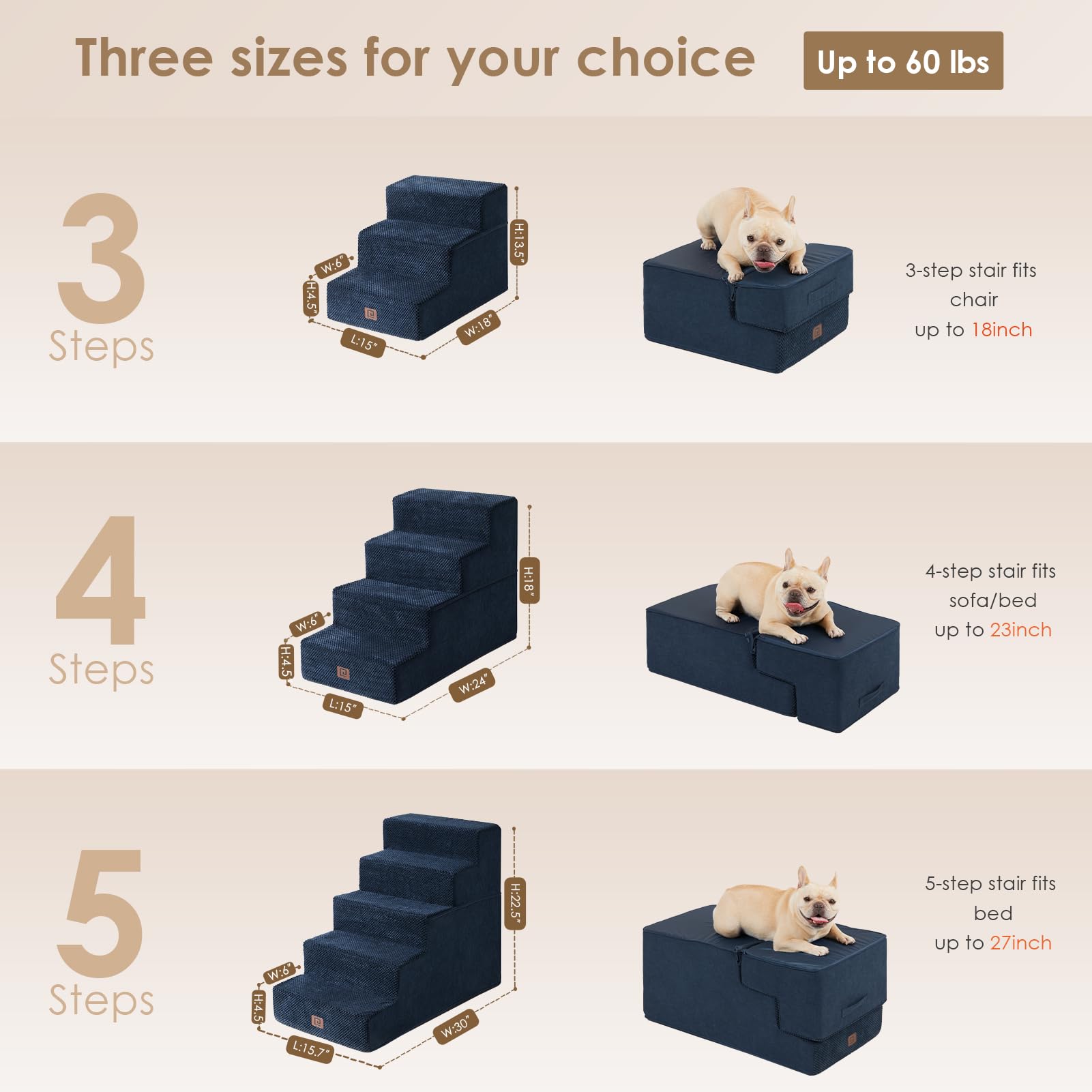 Eheyciga Dog Stairs For Small Dogs 13.5' H, 3-Step Dog Steps For Couch Sofa And Chair, Pet Steps For Small Dogs And Cats, Non-Slip Balanced Dog Indoor Ramp, Navy Blue