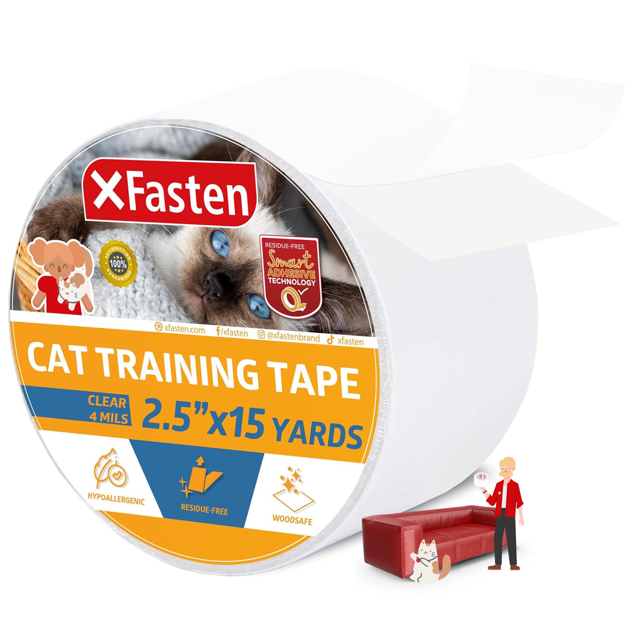 Xfasten Anti-Scratch Cat Training Tape, Clear, 2.5-Inches X 15 Yards (Single Roll), Door, Couch, Furniture And Leather Scratch G