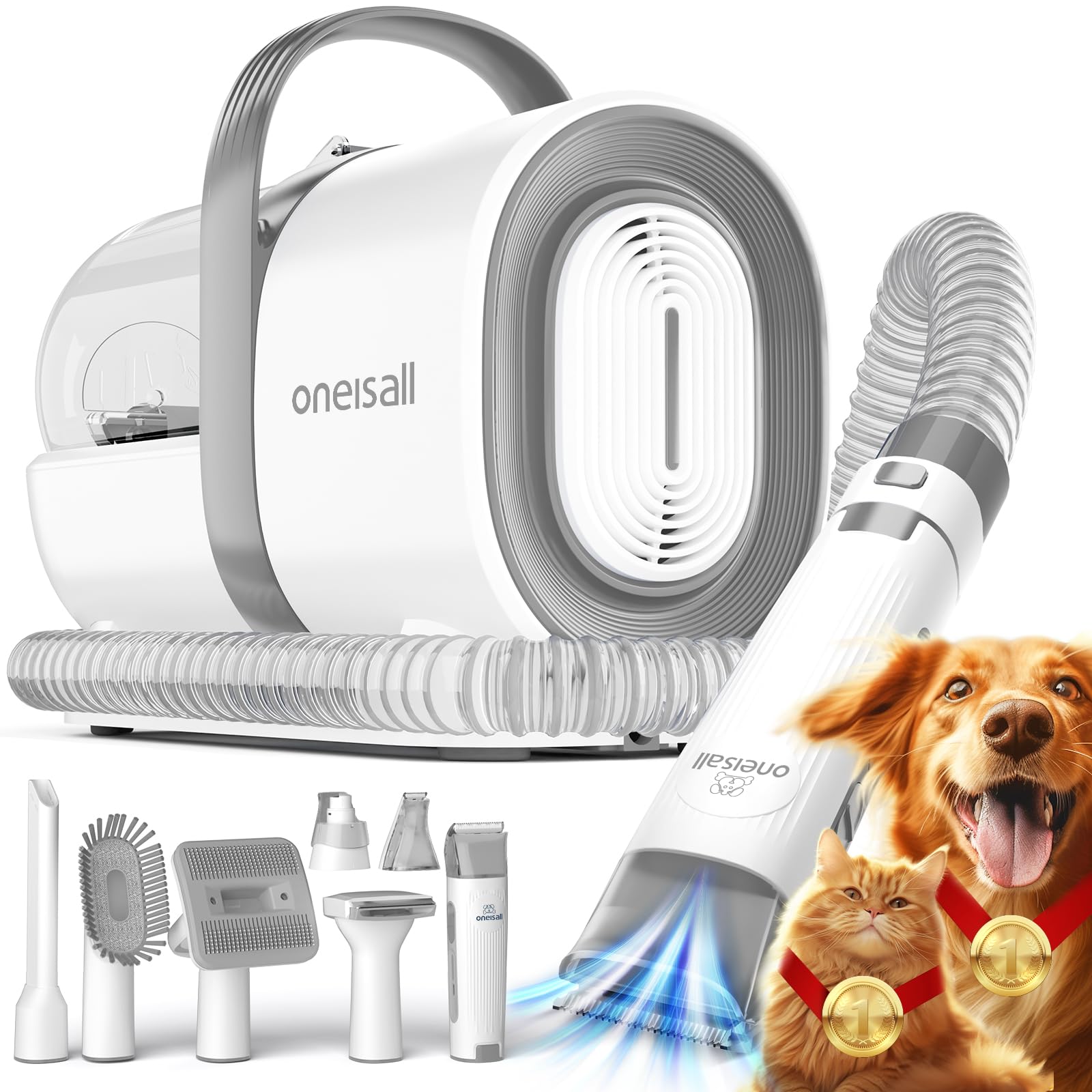 oneisall Dog Grooming Vacuum, Pet Grooming Vacuum with Clipper Nail Grinder, 1.5L Dust Cup Dog deshedding Vacuum Brush with 7 Pe