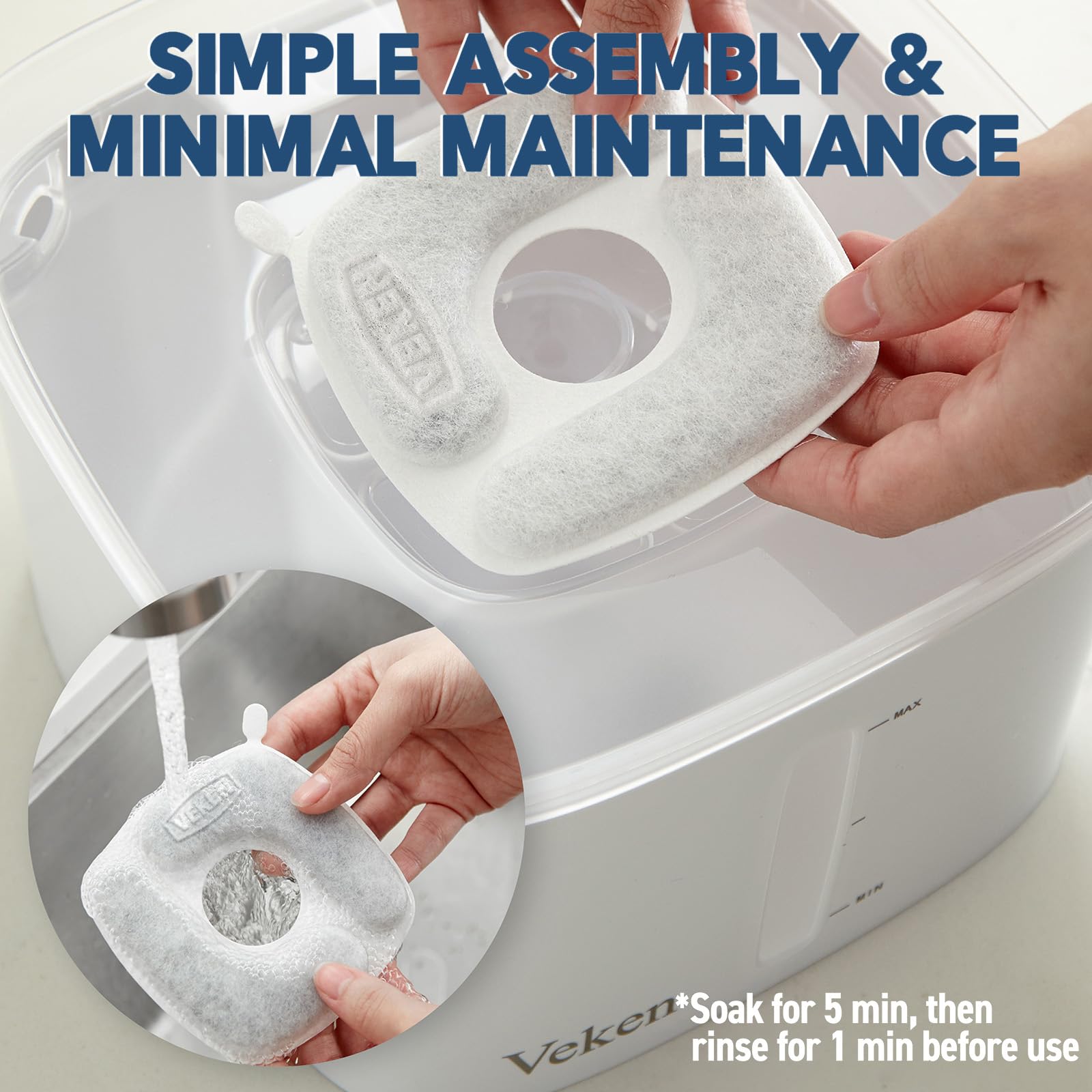 Veken Cat Water Fountain Filters - 4 Pack Replacement Filters & Sponges for 50oz, 84oz, 95oz Automatic Pet Fountain - 5-Stage Filtration, White/Black