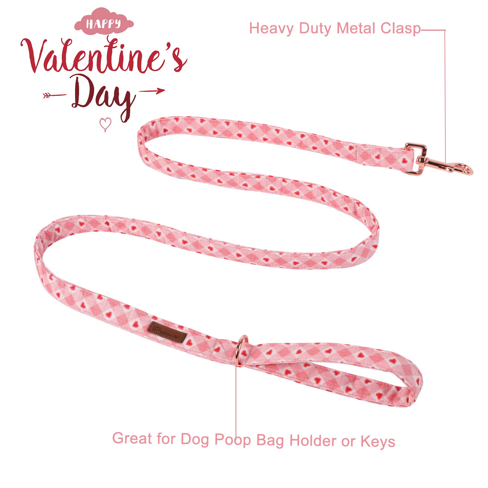 Up Urara Pup Valentine Dog Leash Match Dog Collar, Sturdy Durable Valentines Cotton Dog Leash, Plaid Heart Wedding Dog Training