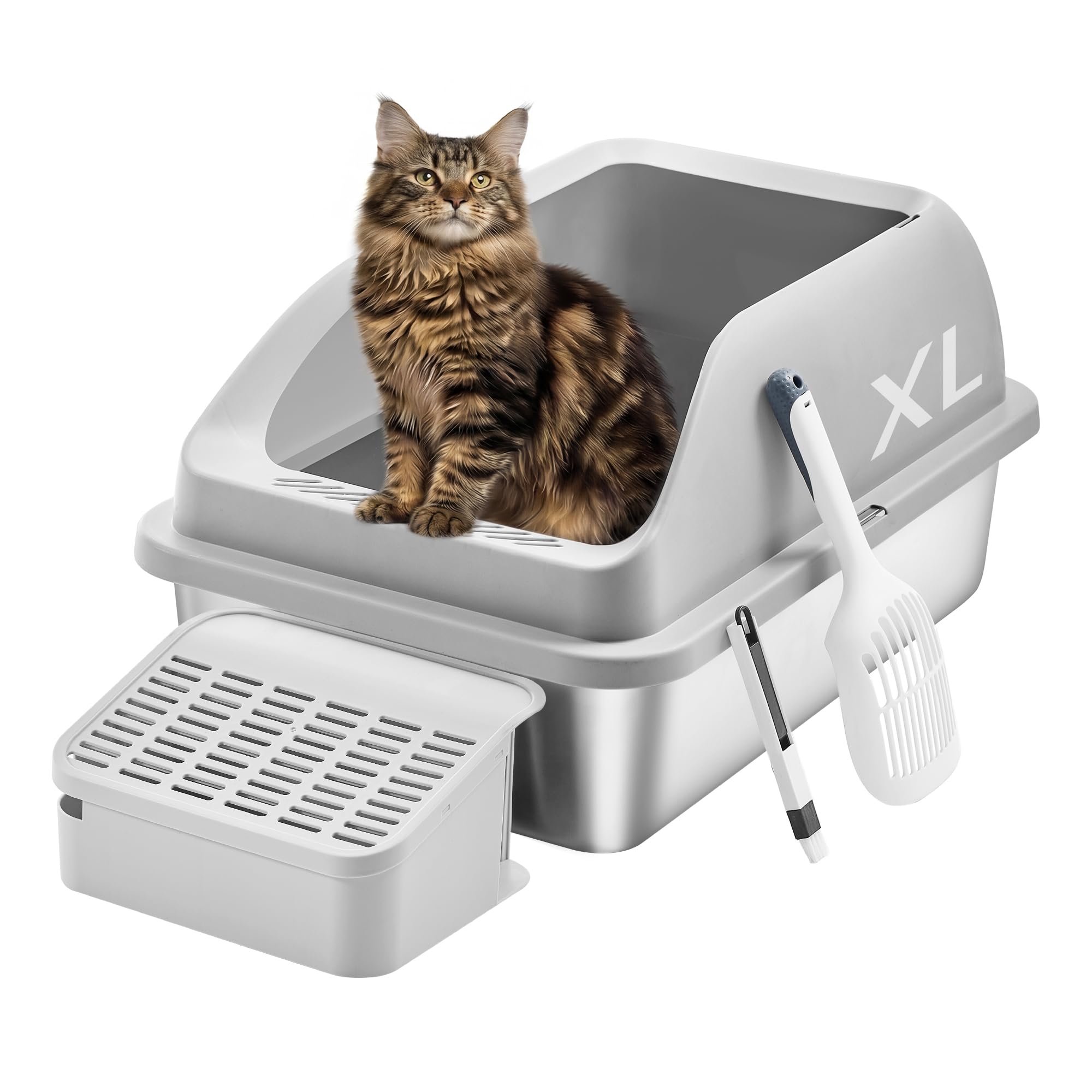 Feandrea Stainless Steel Cat Litter Box with Open Top, High Sided Litter Tray with Step, Scoop, Brush, for Cats up to 33 lb, Lig