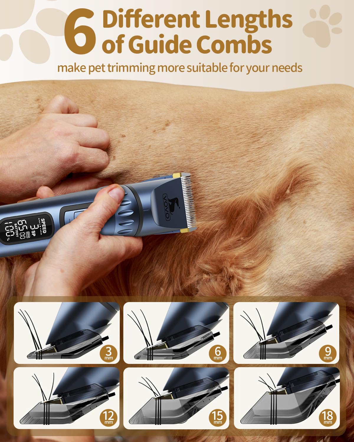Vovo Dog Clippers - 3-Speed Heavy Duty, Low Noise Rechargeable Cordless Electric Dog & Cat Grooming Kit (Blue)