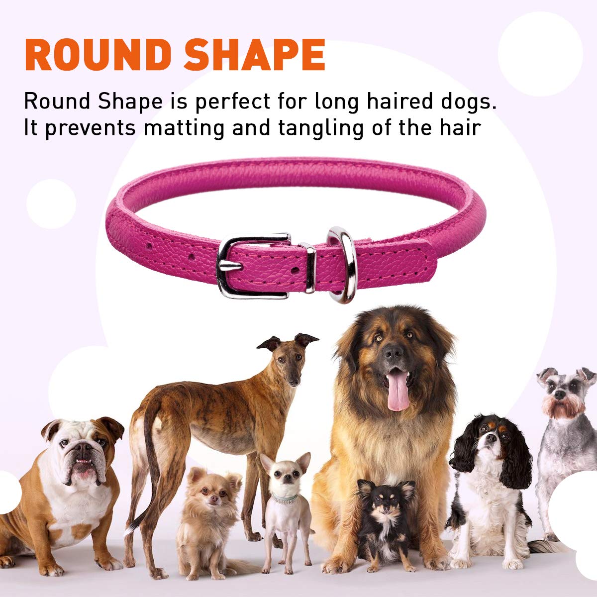Dogline 1/2-Inch Wide Soft Padded Rolled Round Leather Dog Collar, 22 To 25-Inch Length, Hot Pink