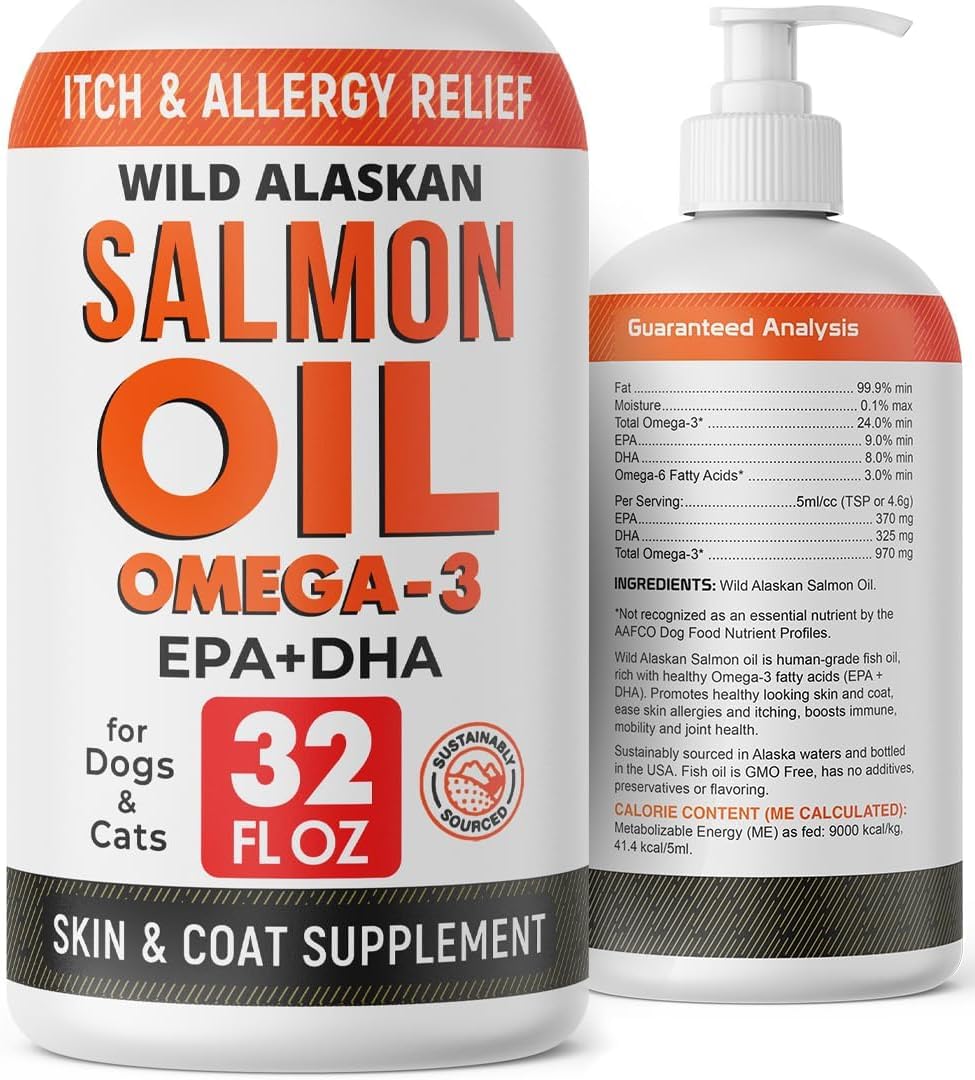 StrellaLab 32 OZ Salmon Oil for Dogs - Omega 3 for Dogs & Cats, Itch & Allergy Relief, Wild Alaskan Salmon Oil for Skin & Coat, 
