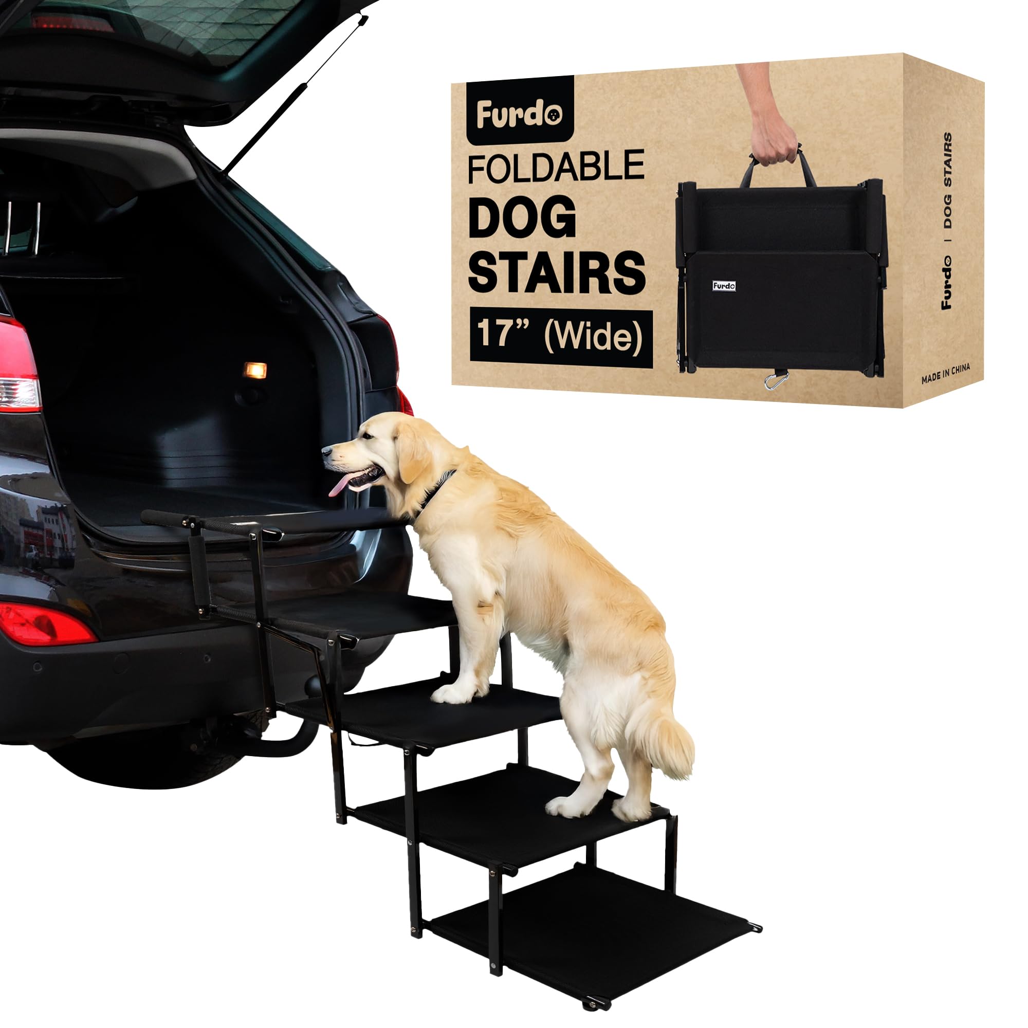 FURDO Dog Stairs for Large Dogs, for Medium Dogs, Foldable Dog Ramp for Car & SUV, Steps for Bed, Wide Non-Slip Pet Steps for Ca