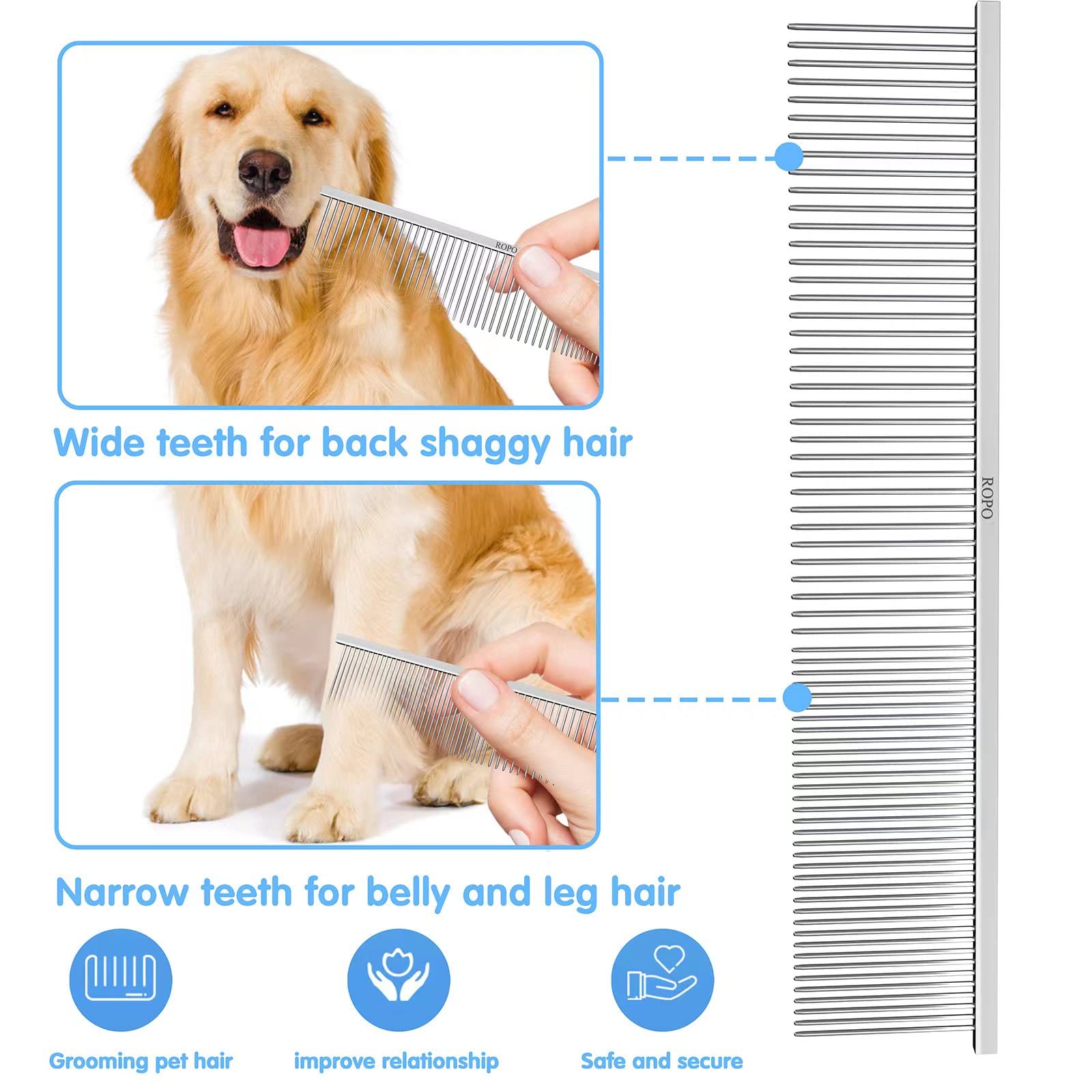 Ropo Dog Comb Tool For Removing Matted Fur - Pet Dematting Comb With Rounded Teeth And Non-Slip Grip Handle - Prevents Knots And Mats For Long And Short Haired Pets (Square Handle, Silver)