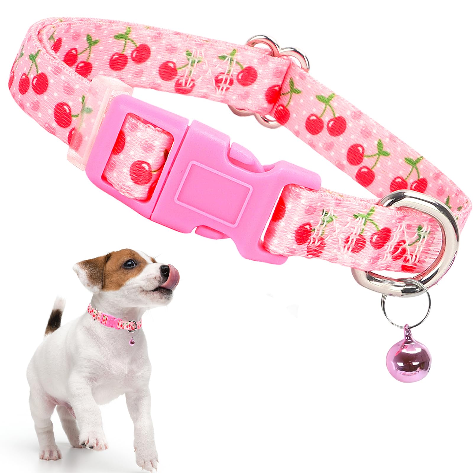 Cute Xxs Xs Dog Collar With Bell,Pink Cherry Puppy Collar Tiny Cat Collars With Bells For Xs Small Pet Boy And Girl Dogs Kitten 