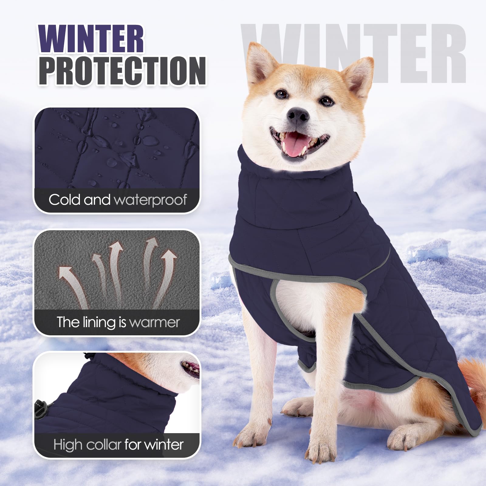 Pinellia Dog Winter Coat, Waterproof & Windproof, Reflective, Blue, Xl