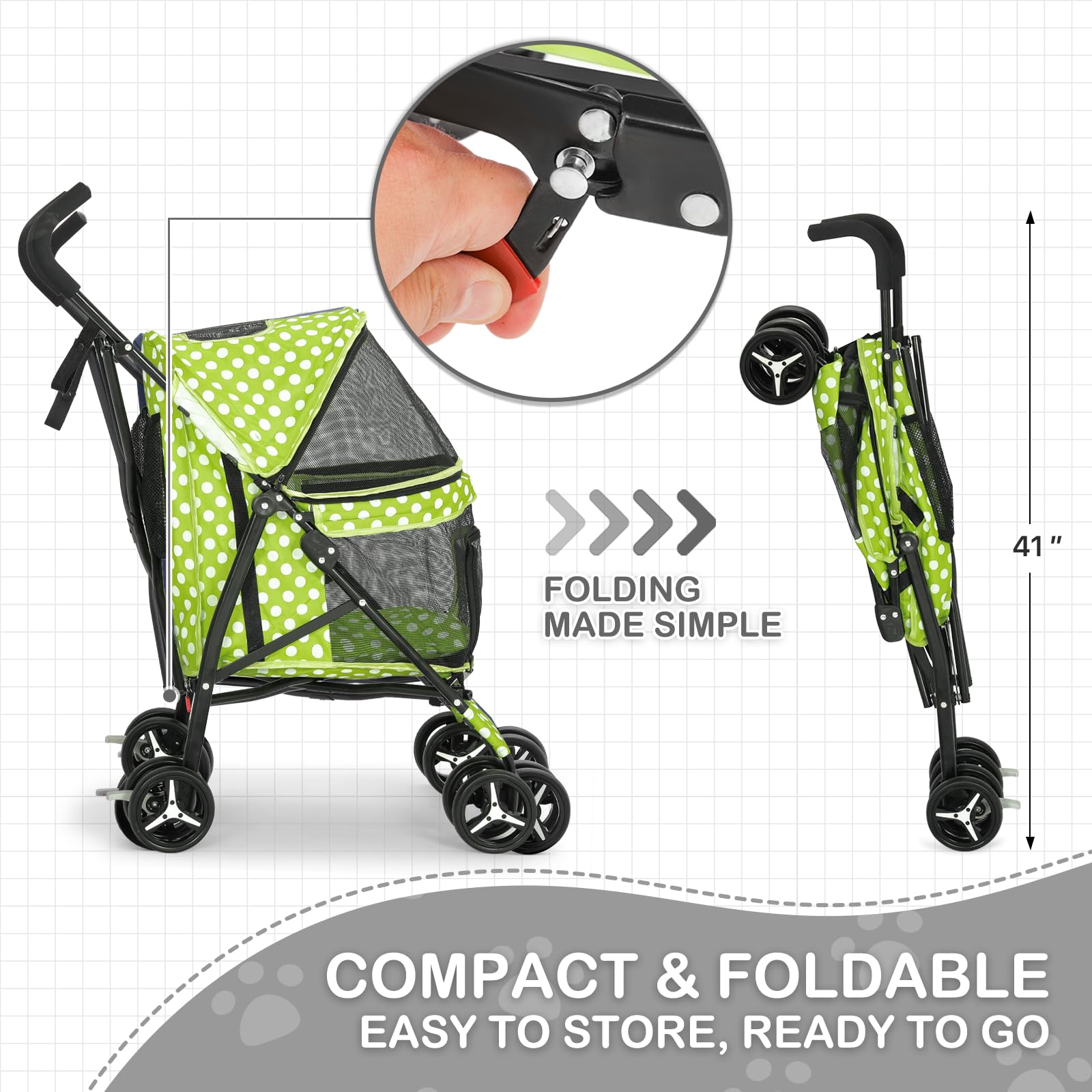 Polias Dog Stroller, 4 Wheels Pet Stroller For Cats With Storage Bag&Visible Mesh, Easy-Fold Umbrella Shaped Cat Stroller And Pe