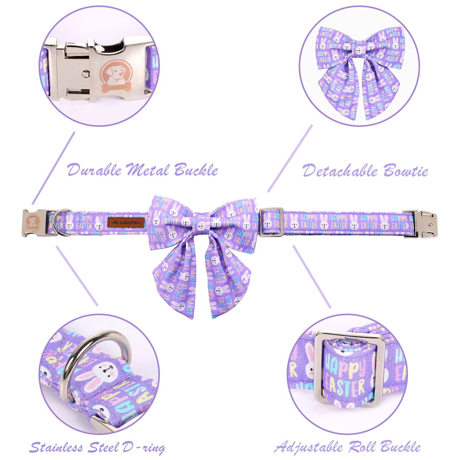 Mr. Chubbyface Easter Dog Collar Purple Rabbit Dog Collar With Flower Adjustable Dog Collar Bowtie For Small Medium Large Dogs