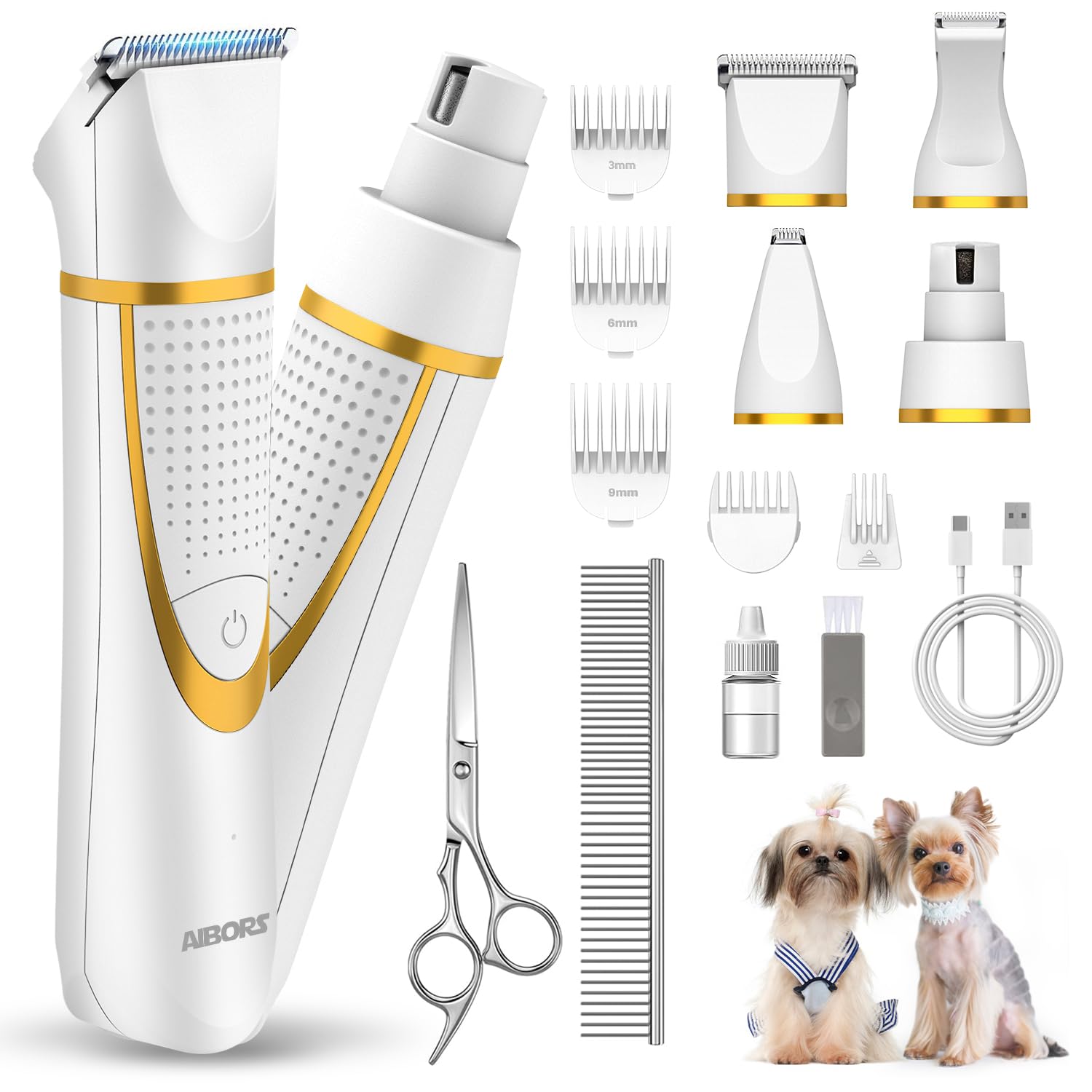 AIBORS Small Dog Grooming Kit, 4 in 1 Electric Cordless Dog Paw Trimmer with Nail Grinder, Low Noise Dog Nail Trimmers, IPX7 Wat
