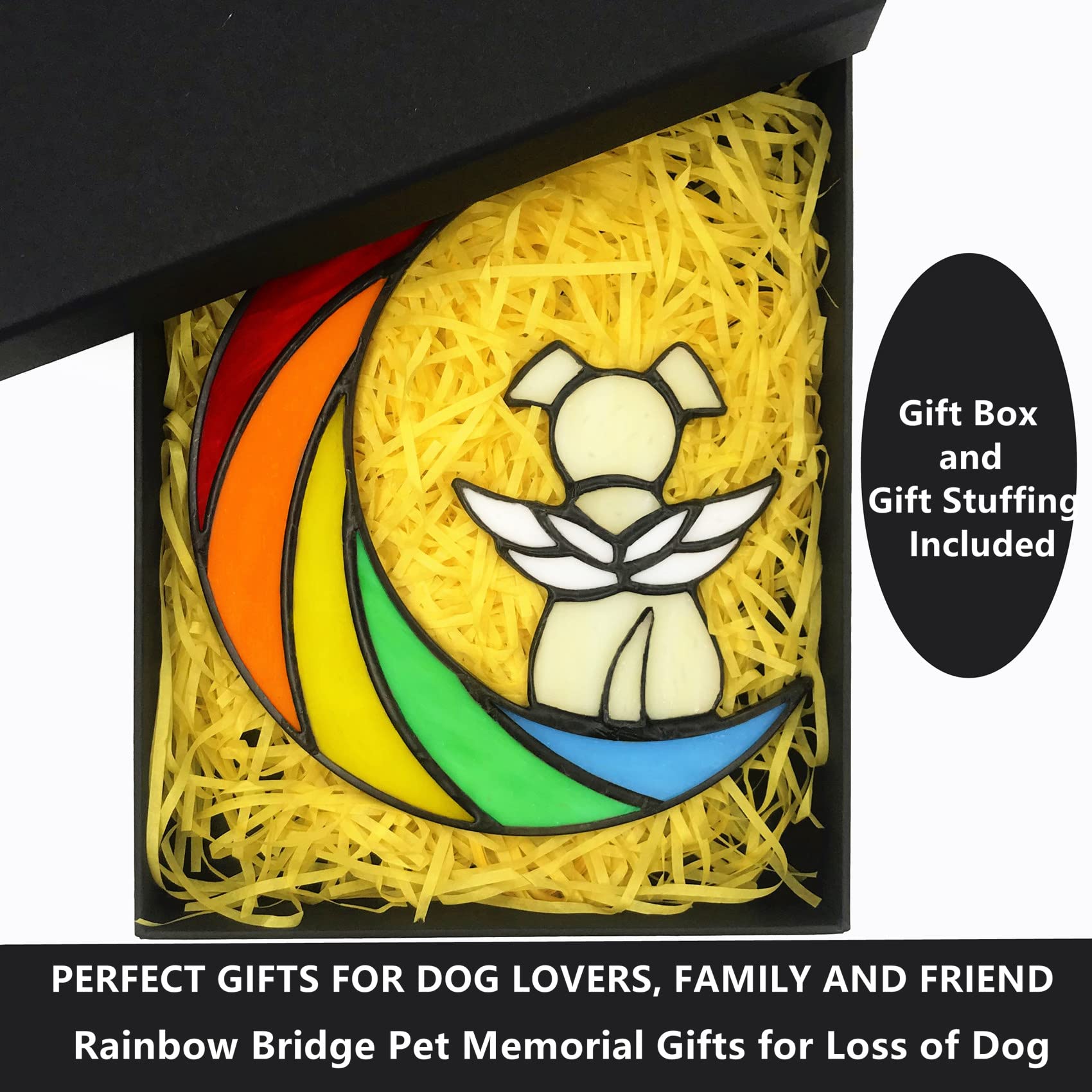 Lcensp Stained Glass Rainbow Bridge Dog Memorial Gifts for Loss of Dog Sympathy Remembrance Suncatcher, Angel Wings Pet Loss Ber