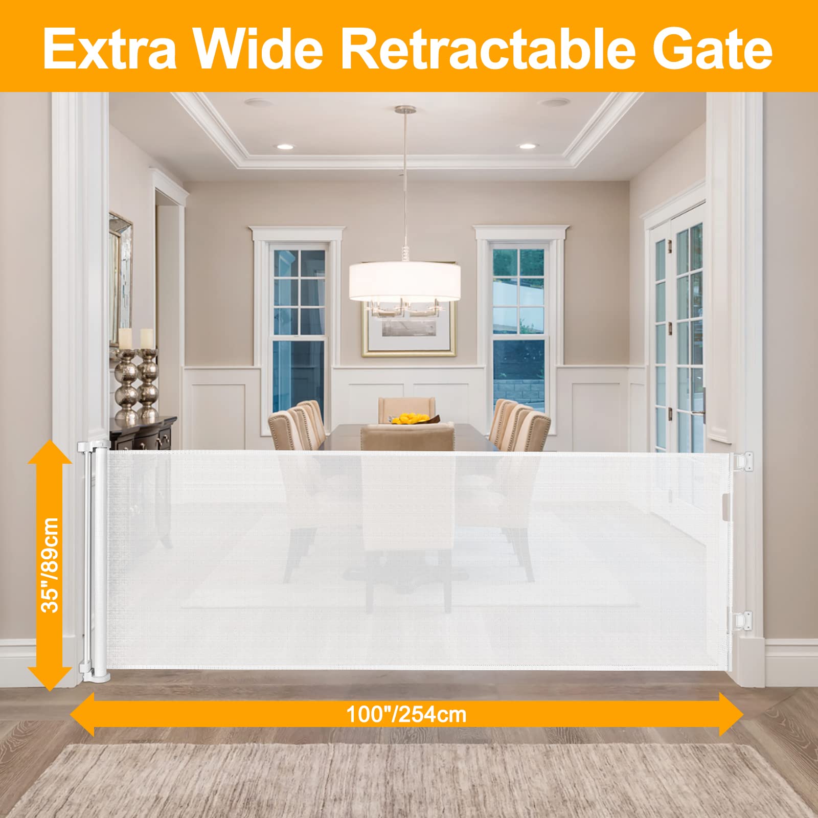 Mom's Choice Awards Winner - WOMHOM 100 Inch Extra Wide Retractable Baby Gates Extra Wide Baby gate for Large Opening Extra Long