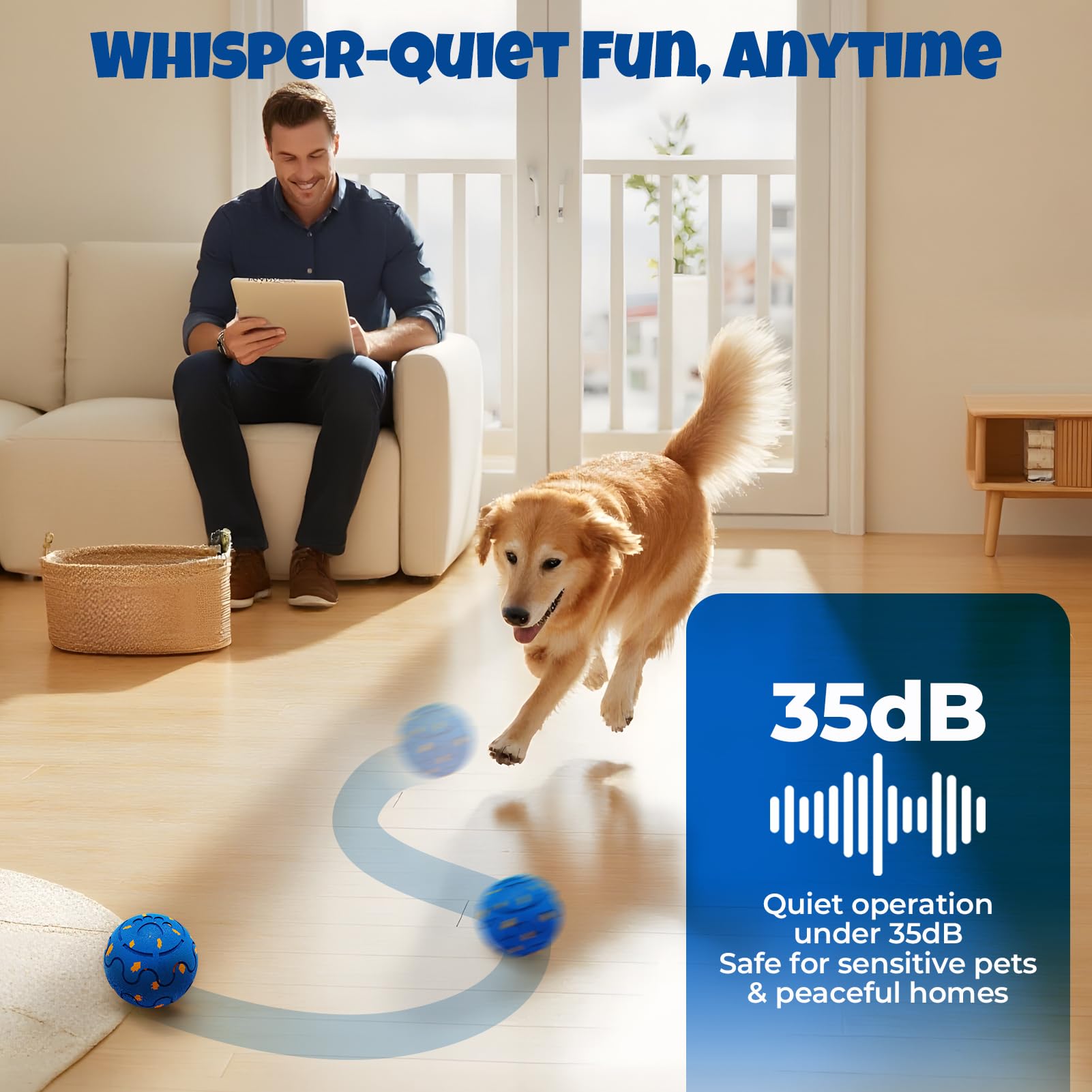 Fsitego Interactive Dog Ball - Auto Rolling, Bouncy & Rechargeable, for Small to Large Dogs, Blue, Model F-DTB-BLUE