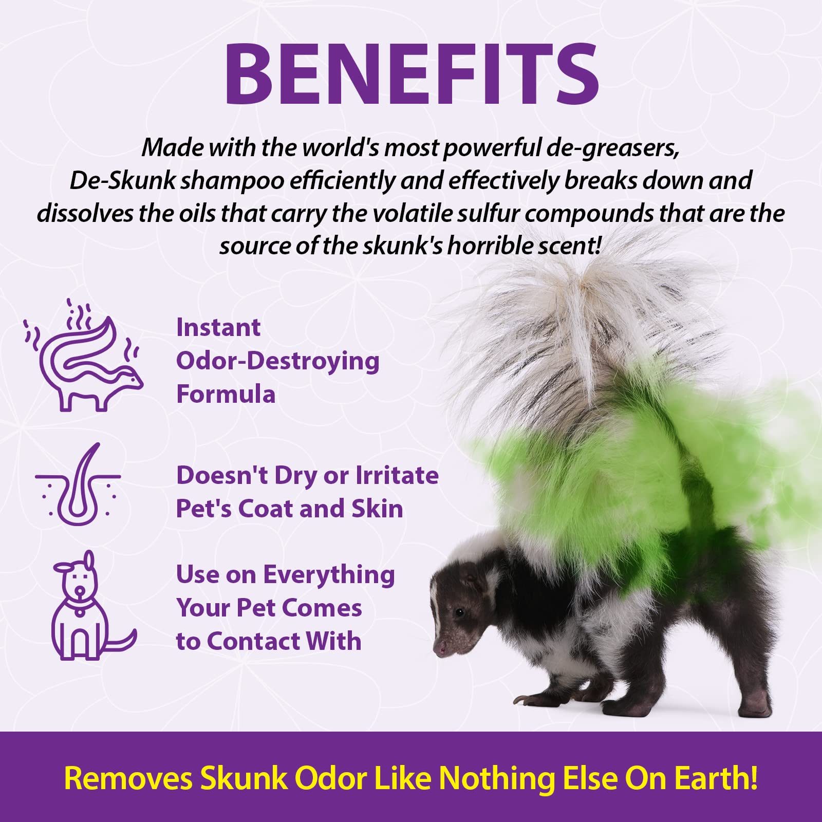 De-Skunk Odor Destroying Shampoo for Dogs, 32 oz. - Formulated with Powerful De-Greasers, Skunk Odor Remover for Pets, Carpet, F