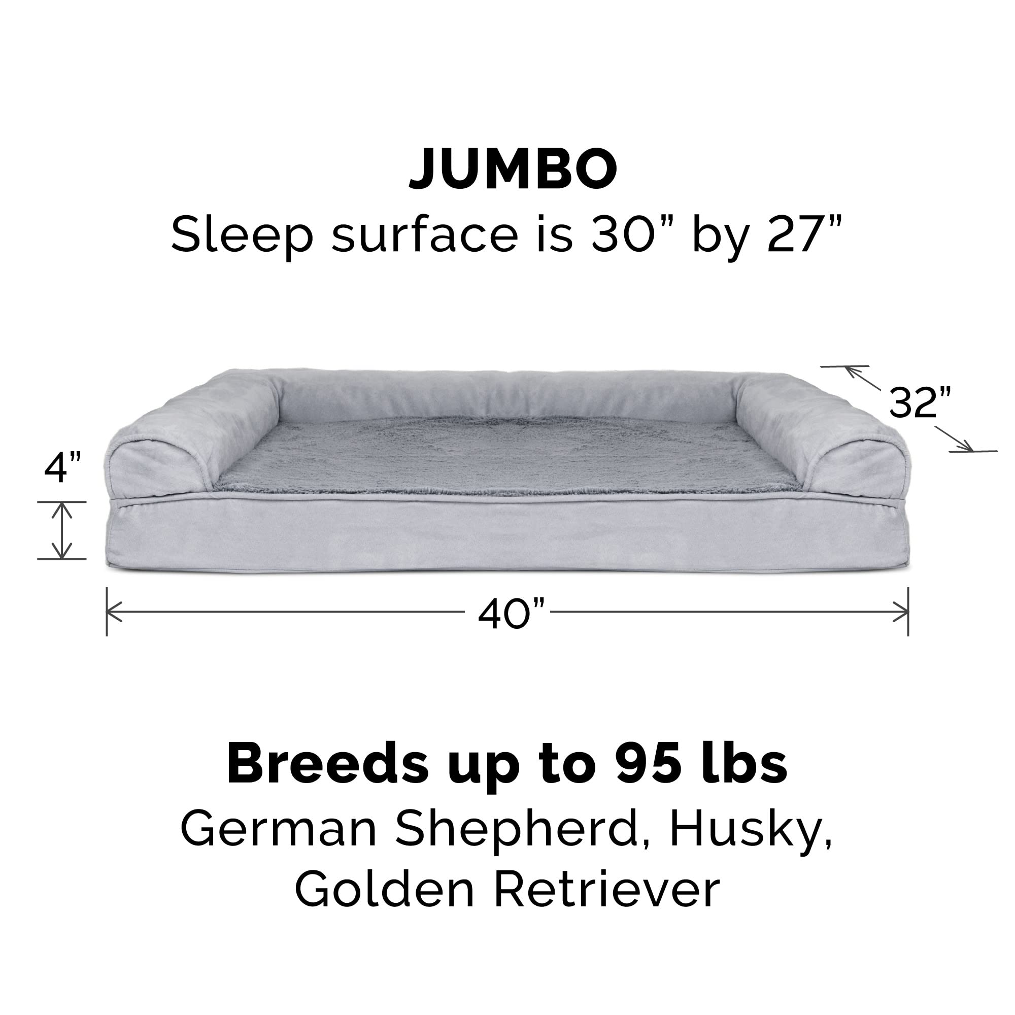 Furhaven Orthopedic Dog Bed For Large Dogs W/ Removable Bolsters & Washable Cover, For Dogs Up To 95 Lbs - Plush & Suede Sofa - Gray, Jumbo/Xl
